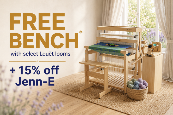 Louët summer promotion collection banner featuring a free bench with select Louët looms and 15% off Jenn-E spinners