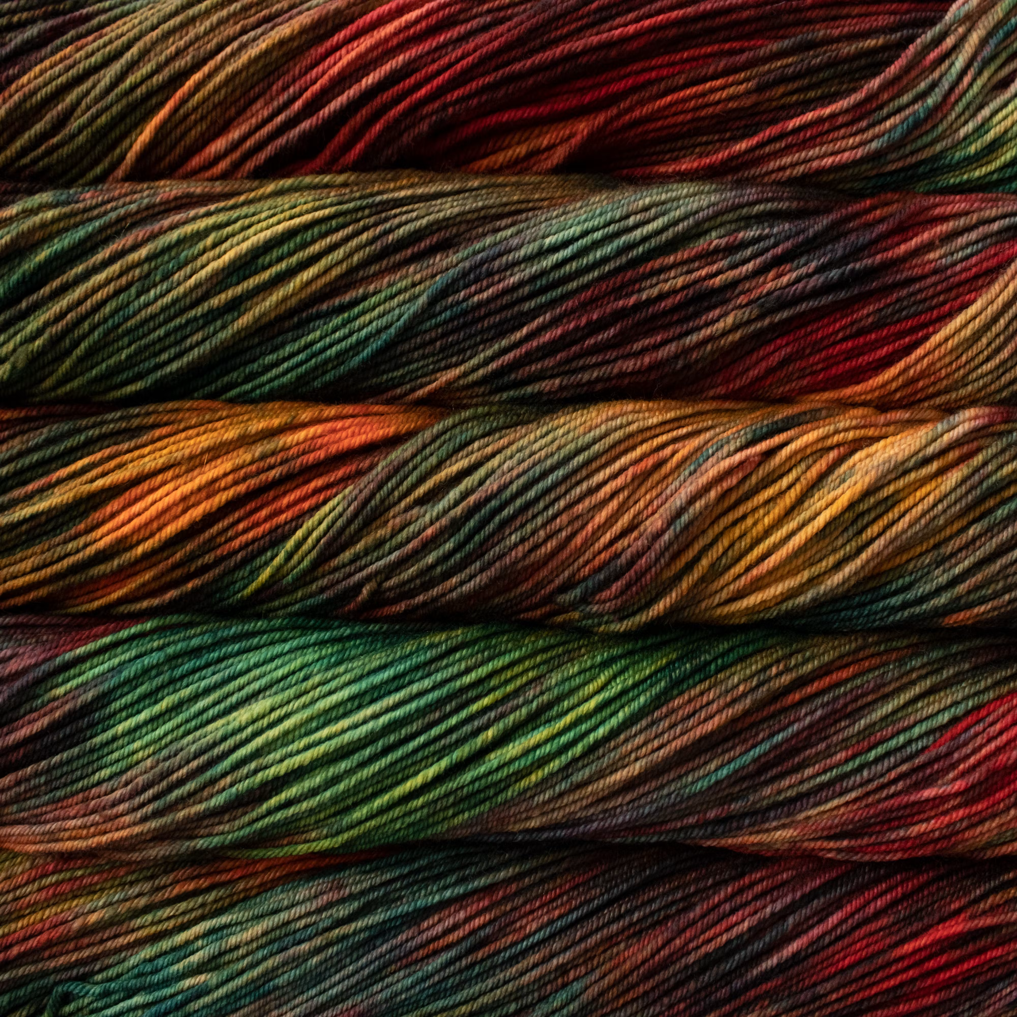 Malabrigo Rios hand-dyed worsted yarn in Sagittarius RIO286, blending dark green, rust, brown, and golden tones.