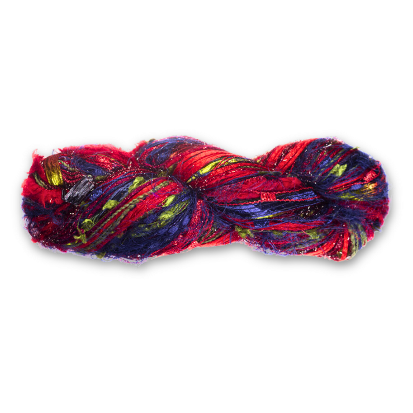 Feza Alp Premier Yarn in Crimson Flare – Color Number 103. Bold red, chartreuse, and violet boucle with subtle metallic accents. Novelty, multi-color, multi-texture yarn.