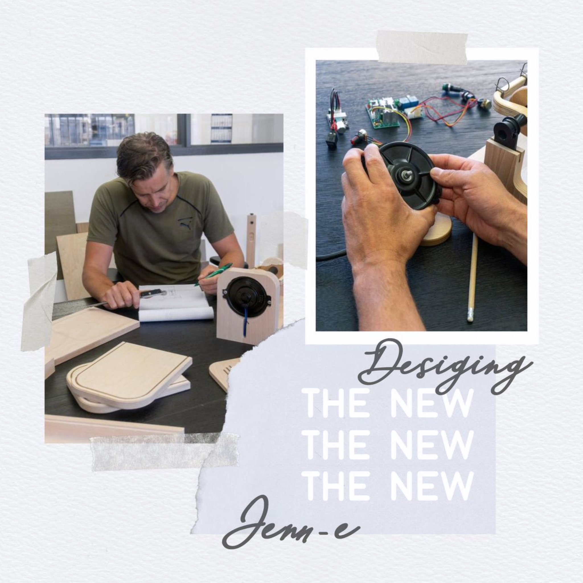 Design process of the Louet Jenn-E Electric Spinning Wheel, featuring innovative technology, portable design, and compact functionality. Image showcases development stages with close-ups of components and assembly.