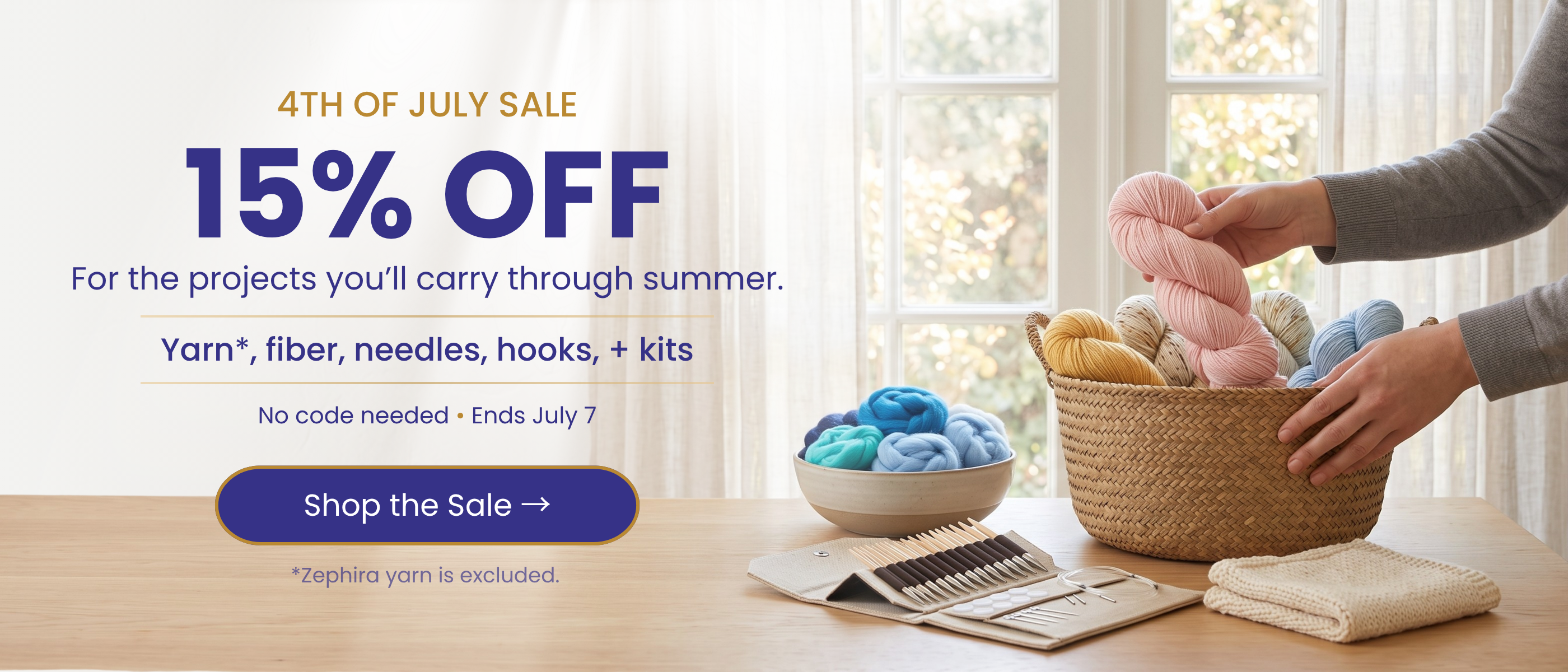 4th of July sale banner promoting 15% off yarn, fiber, needles, hooks, and kits