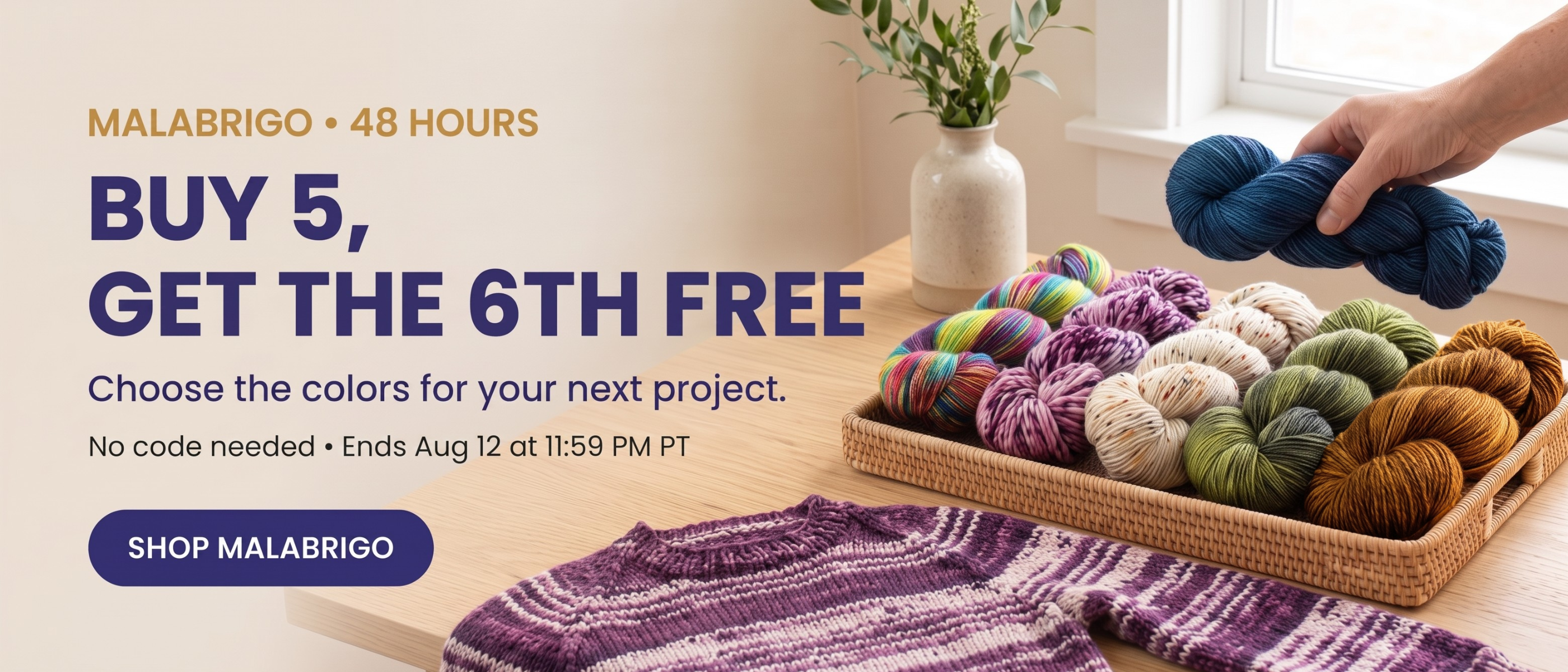 Malabrigo yarn buy 5, get 1 free sale with colorful skeins and knit sweater