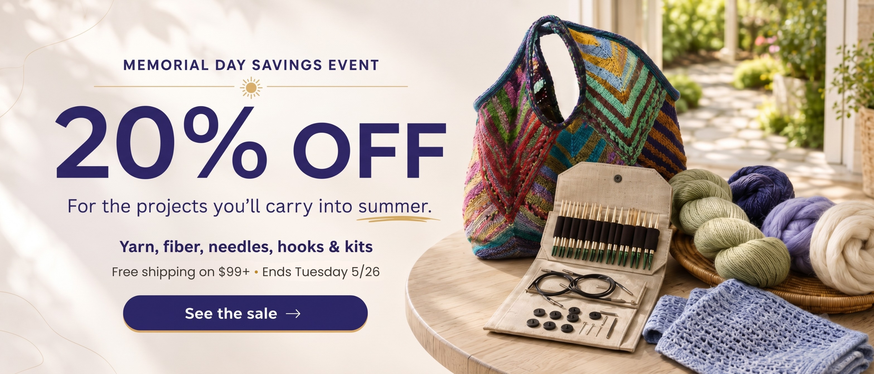 Memorial Day Savings Event banner promoting 20% off yarn, fiber, needles, hooks, and kits