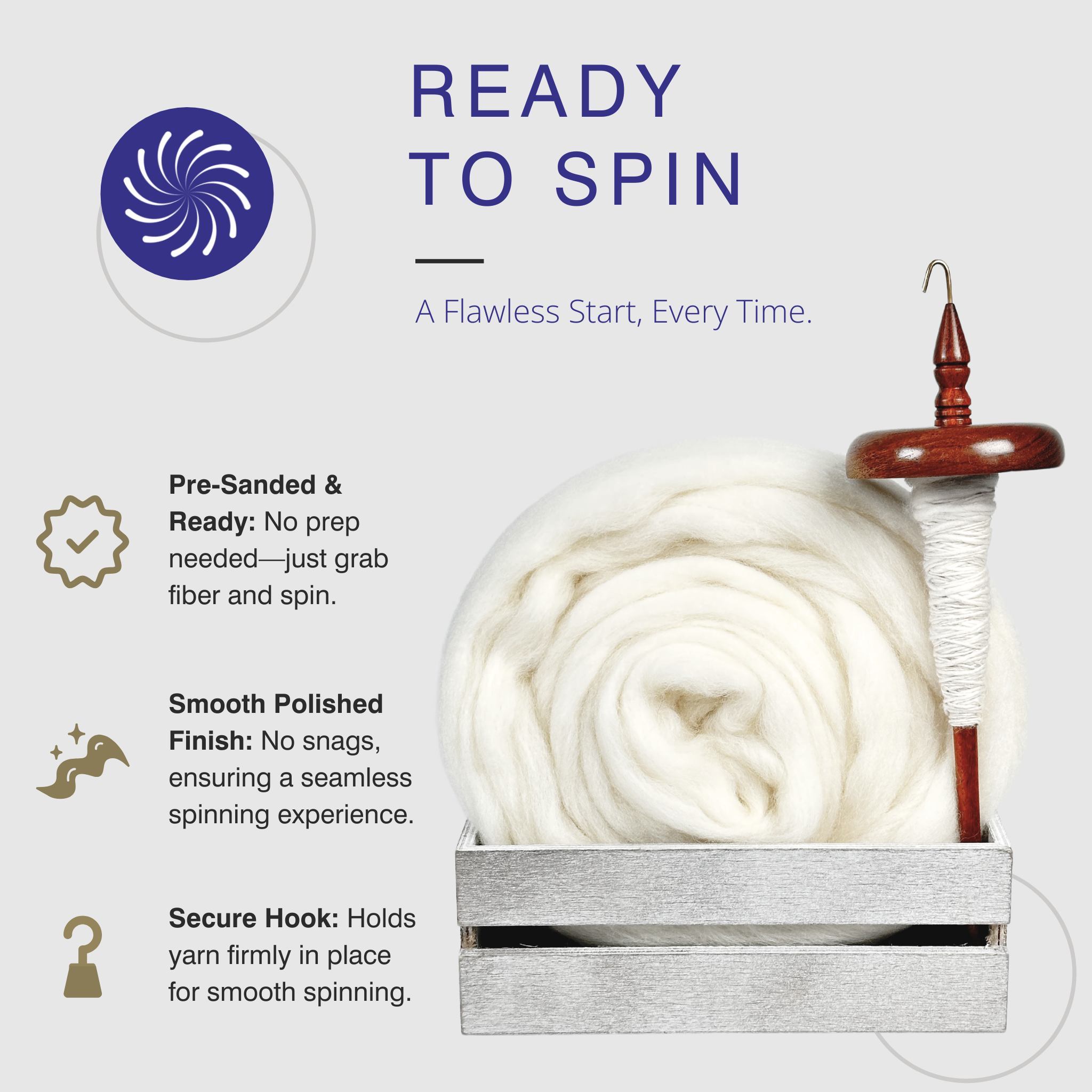 Revolution Fibers drop spindle with soft white spinning fiber, featuring a secure brass hook, polished finish, and pre-sanded wood for a flawless spinning experience.