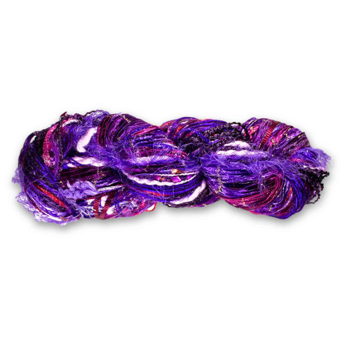 Feza Alp Premier Yarn in Eclipse Ember – Color Number 24. Deep purple and red hues with shimmering boucle and eyelash fibers. Novelty, multi-color, multi-texture yarn.