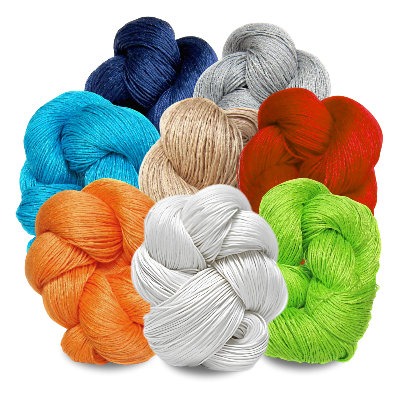 Euroflax 14/4 Linen Yarn skeins in a bright and basic color mix including red, cobalt, orange, mint green, grey, natural, and white. Wet-spun Belgian flax in sport weight for knitting, crochet, or weaving.