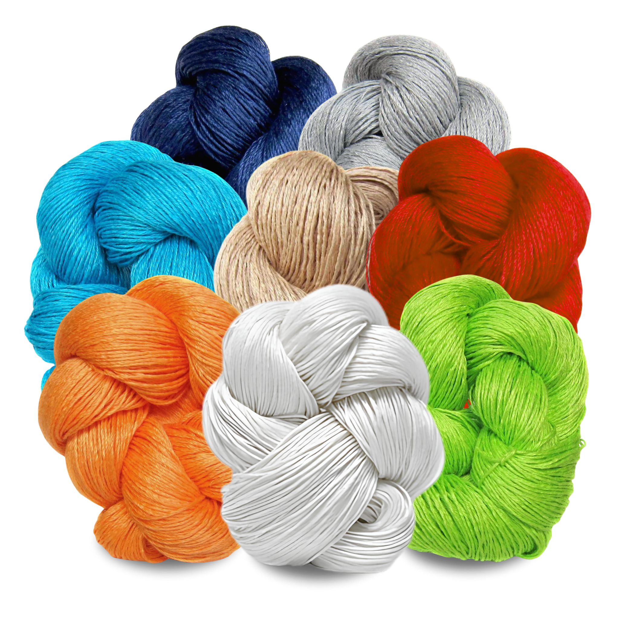 Euroflax 14/4 Linen Yarn skeins in a bright and basic color mix including red, cobalt, orange, mint green, grey, natural, and white. Wet-spun Belgian flax in sport weight for knitting, crochet, or weaving.