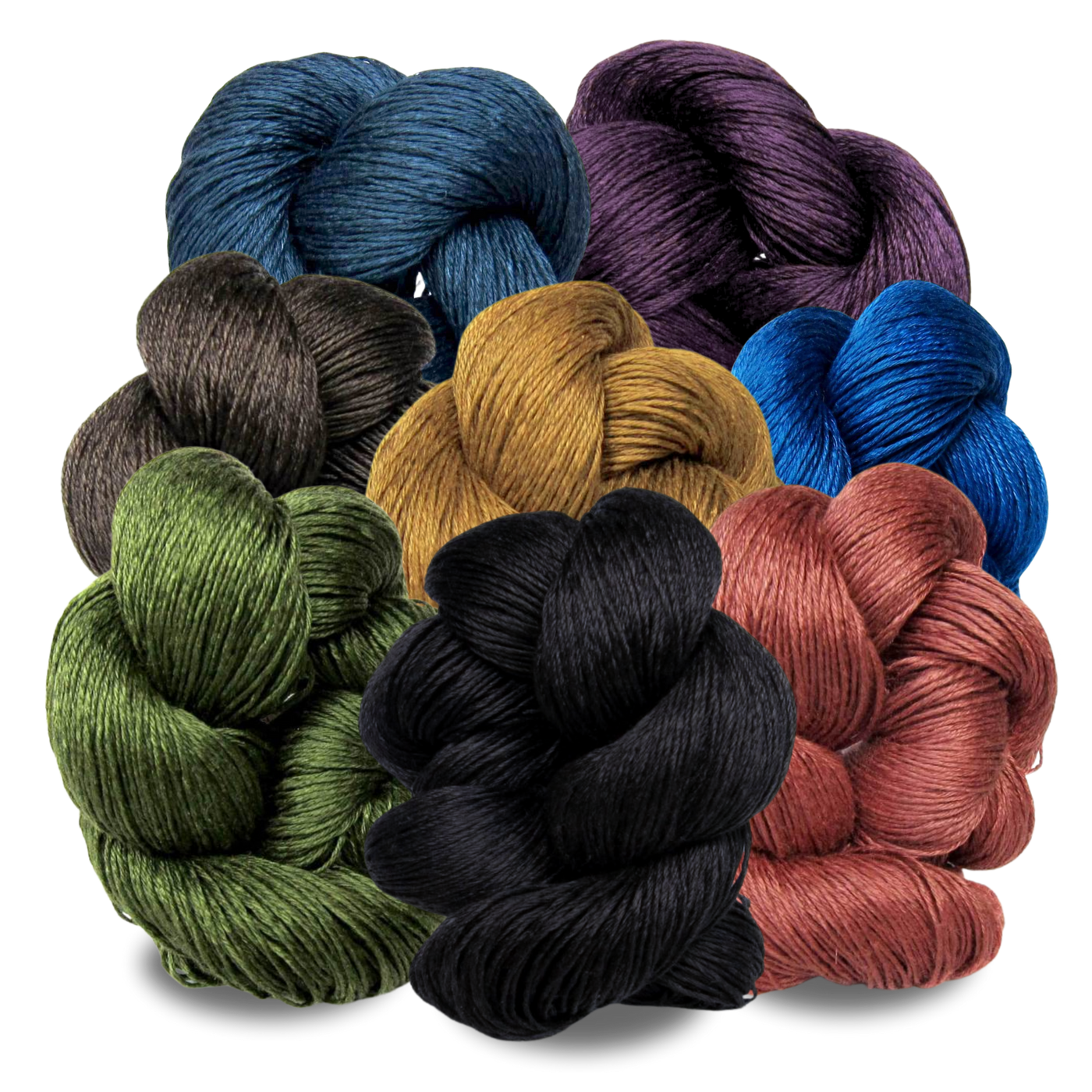 Collection of Euroflax 14/4 Linen Yarn skeins in rich earthy tones including black, navy, burgundy, olive, auburn, gold, and eggplant. Durable 4-ply linen spun from certified European flax—great for garments and home décor.