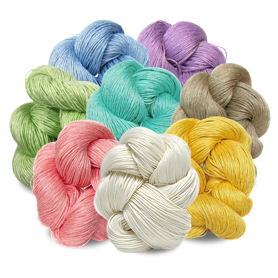 Group of Euroflax 14/4 Sport Weight Linen Yarn skeins in pastel and neutral colors including soft pink, cream, aqua, sage green, champagne, and lavender. 100g long-line flax skeins spun in Belgium, ideal for summer knits and heirloom weaving.