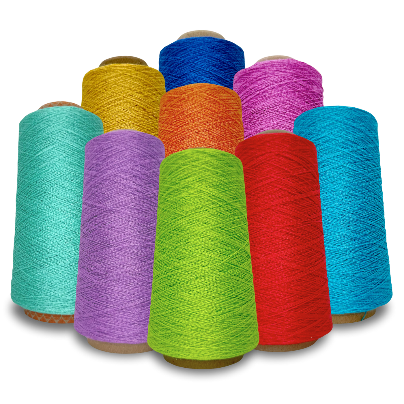 Group image of Euroflax 14/4 Linen Yarn 8 oz cones in vibrant colors including red, orange, cobalt blue, fluorescent green, lavender, aqua, buttercup yellow, and orchid—perfect for weaving, knitting, and crochet.