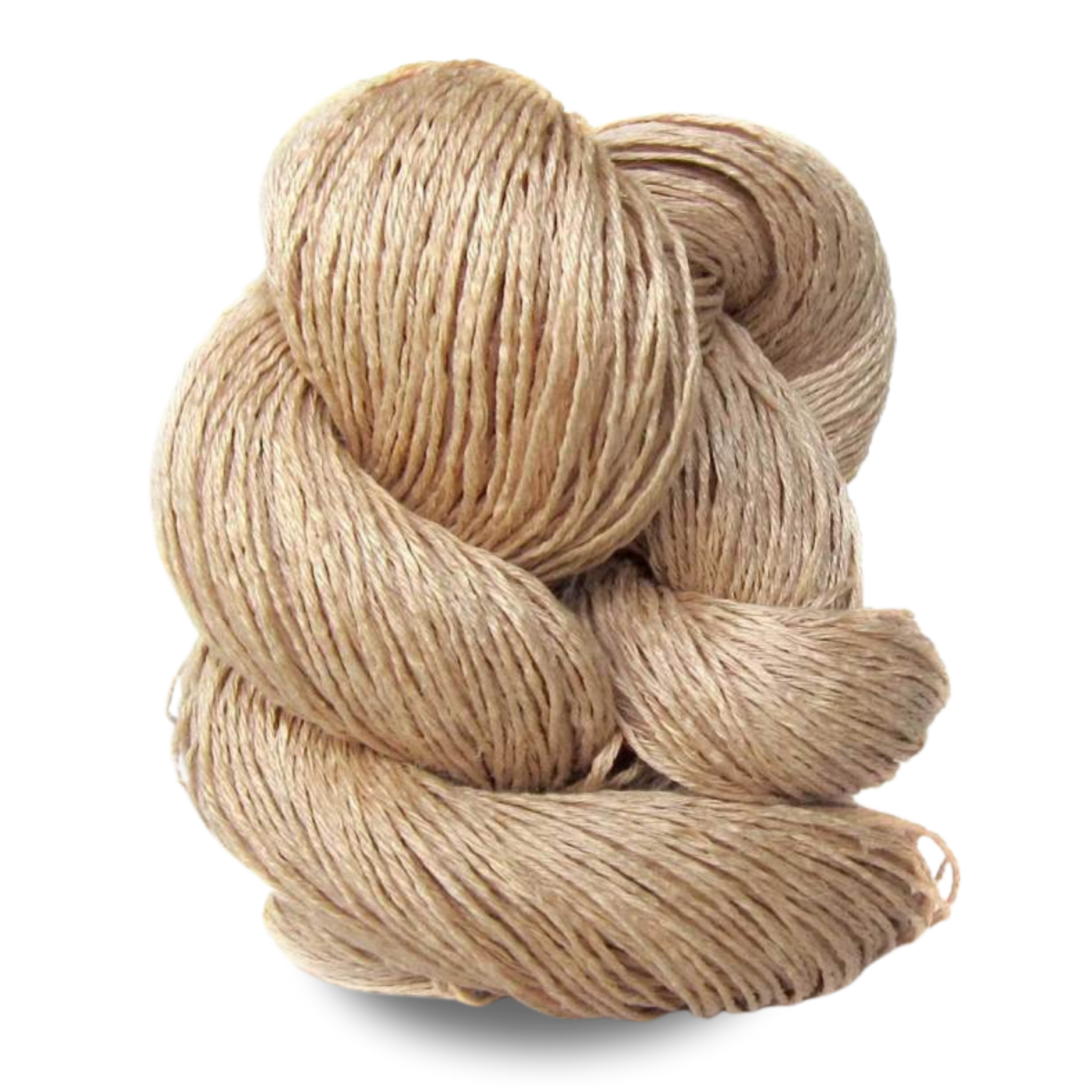 A soft beige champagne-toned 100g Euroflax linen yarn skein for natural, timeless summer wearables.