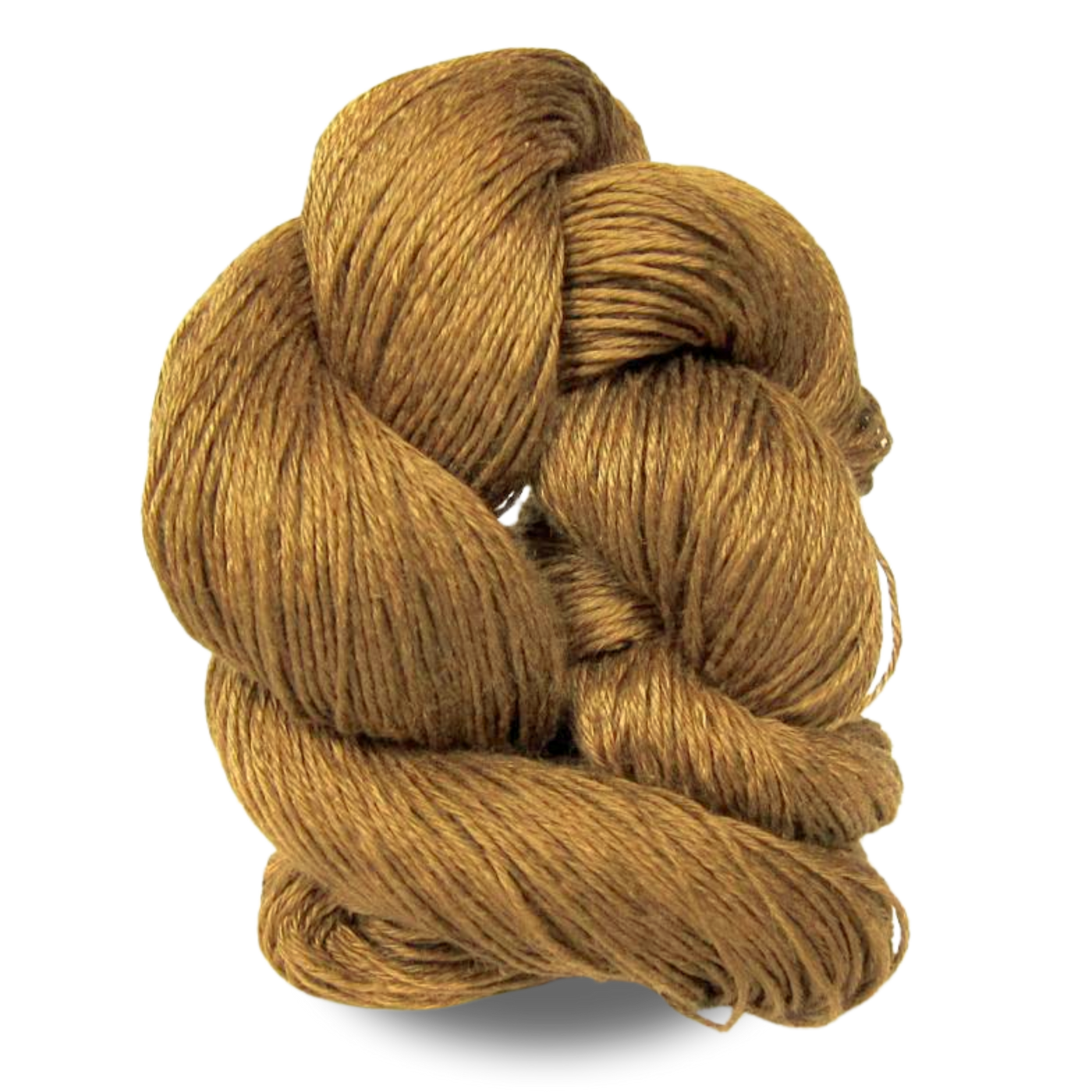 A warm golden brown ginger linen yarn skein ideal for cozy, autumn-toned pieces with breathable structure.