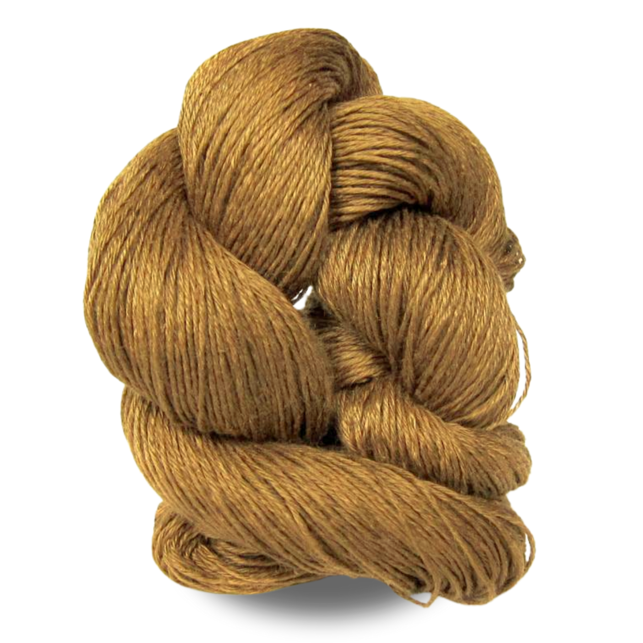 A warm golden brown ginger linen yarn skein ideal for cozy, autumn-toned pieces with breathable structure.