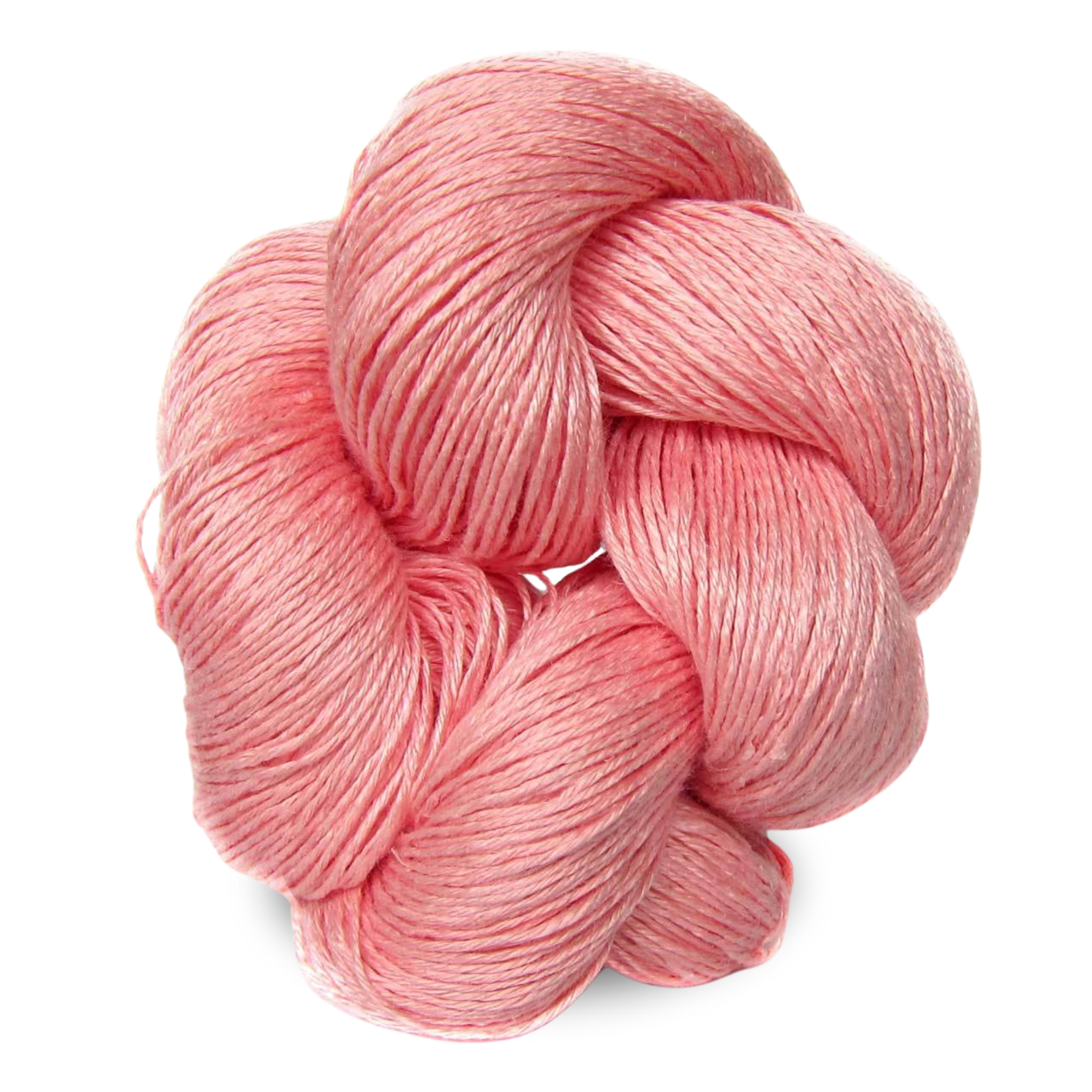 A warm pink coral Euroflax 100g sport weight linen yarn skein with breezy tropical tones.