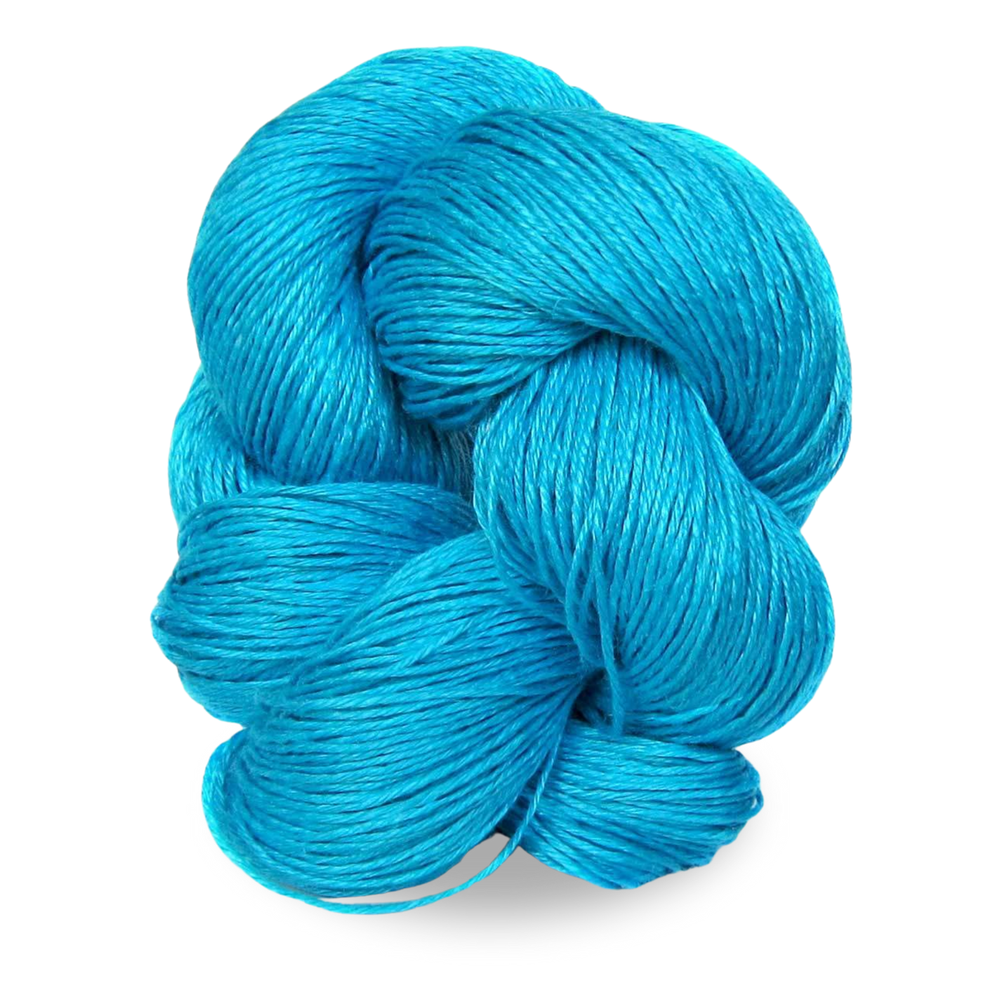 A vibrant turquoise blue sport weight linen yarn skein with aquatic tones, perfect for summer garments and accessories.