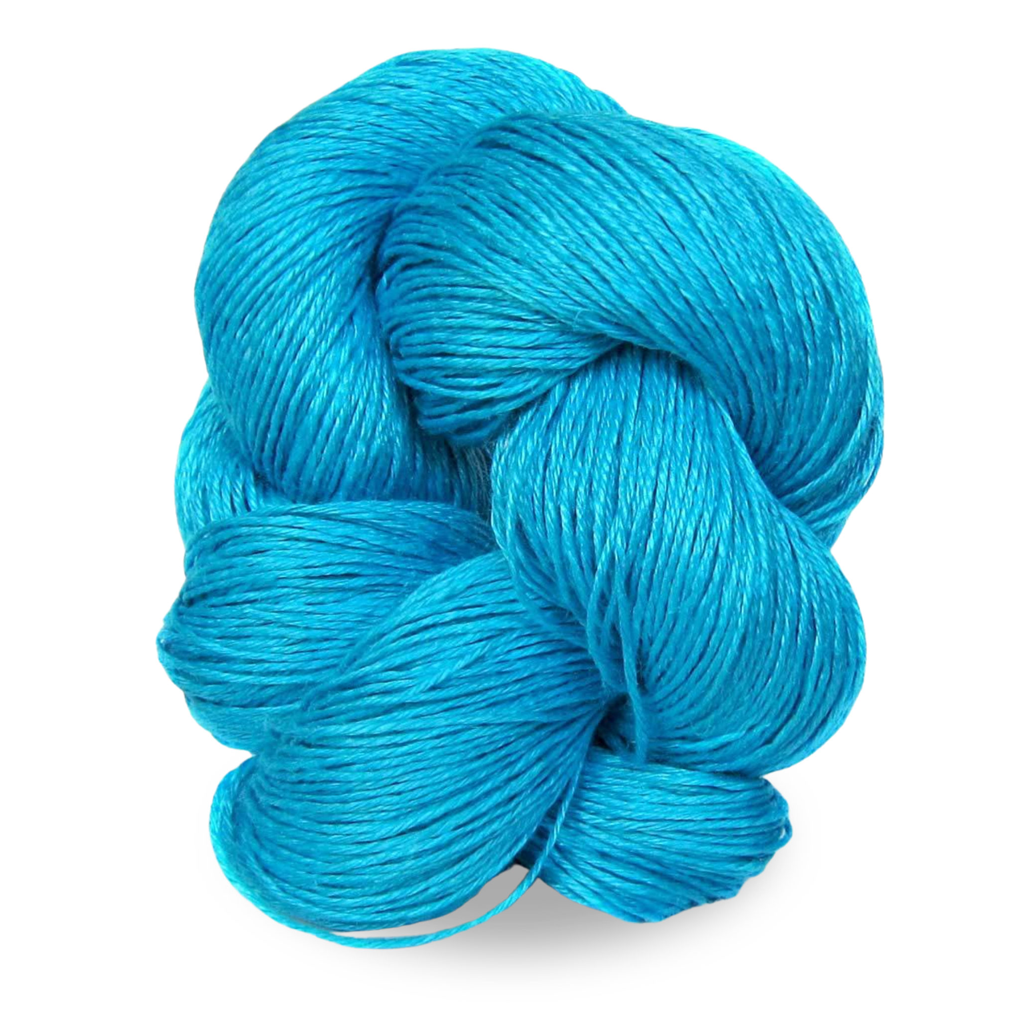 A vibrant turquoise blue sport weight linen yarn skein with aquatic tones, perfect for summer garments and accessories.