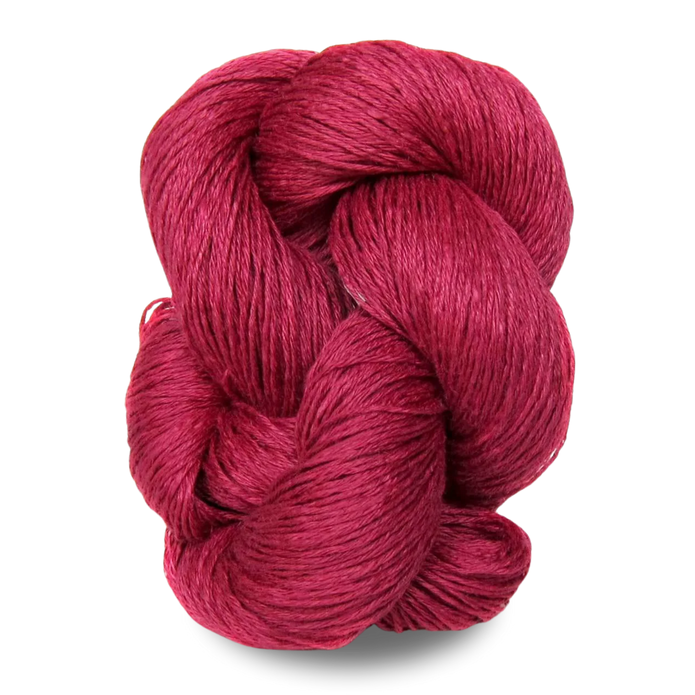 A rich red cranberry-toned sport weight linen yarn skein with bright pinkish depth.