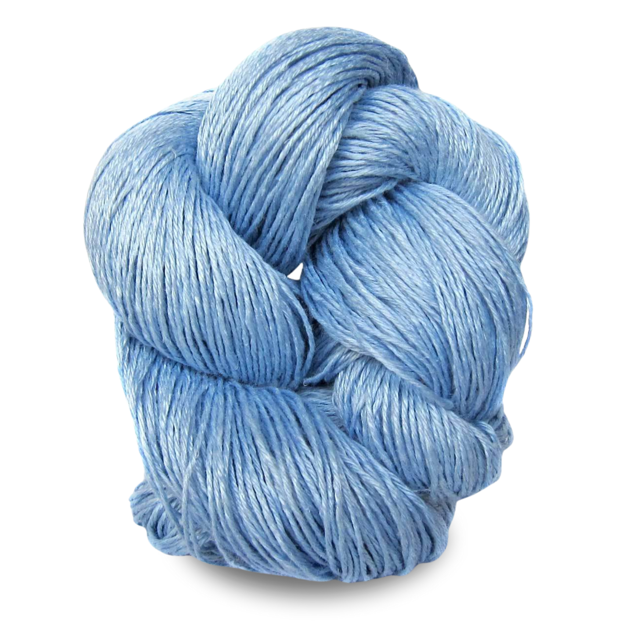 A soft cornflower blue Euroflax linen yarn skein with peaceful pastel tones.