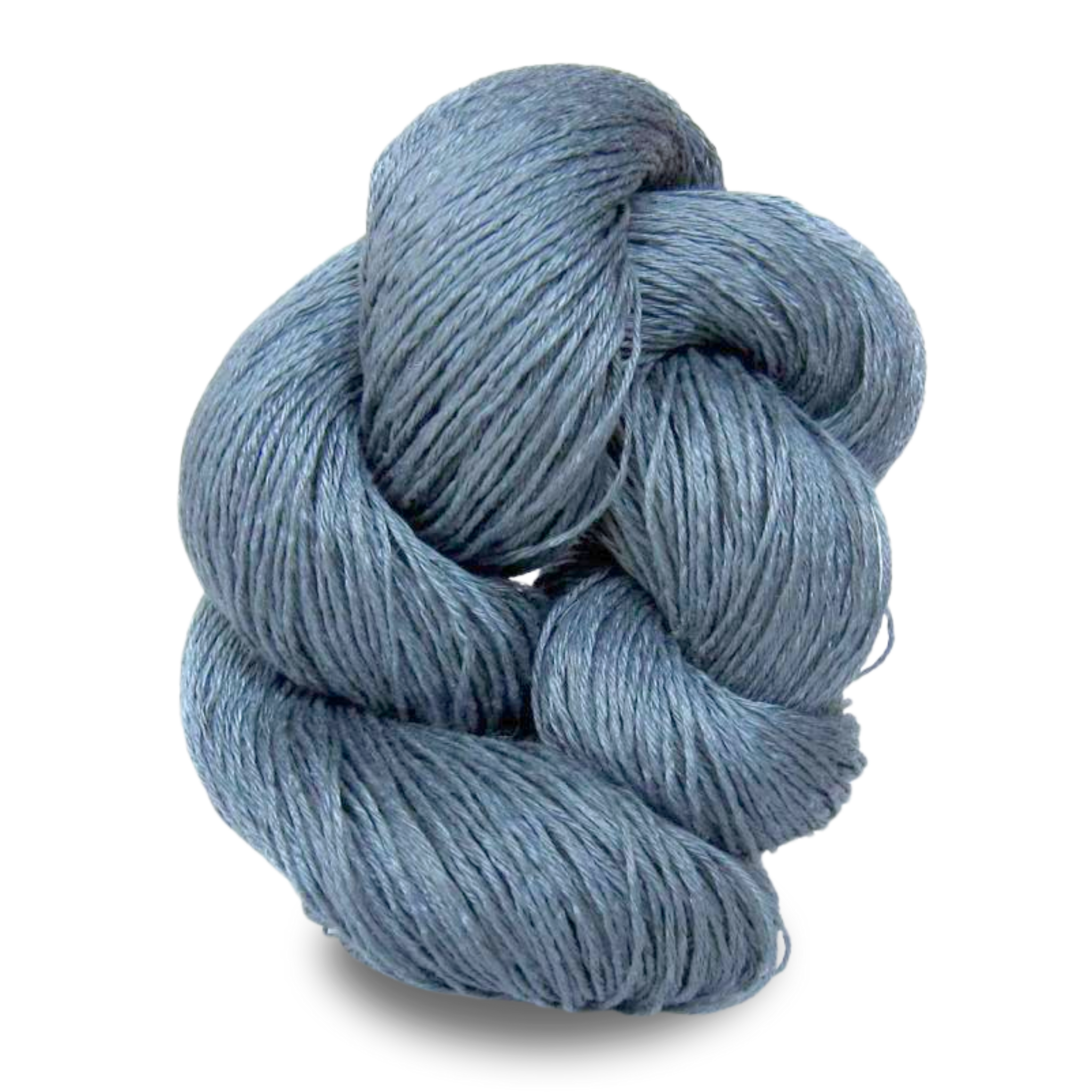 A dusty heather grey Euroflax 14/4 sport weight linen yarn skein with soft blended flecks.