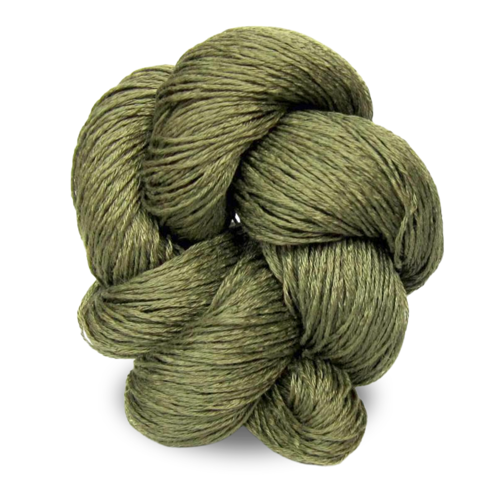 A muted olive green Euroflax linen yarn skein spun from long-line flax for relaxed earth-tone palettes.