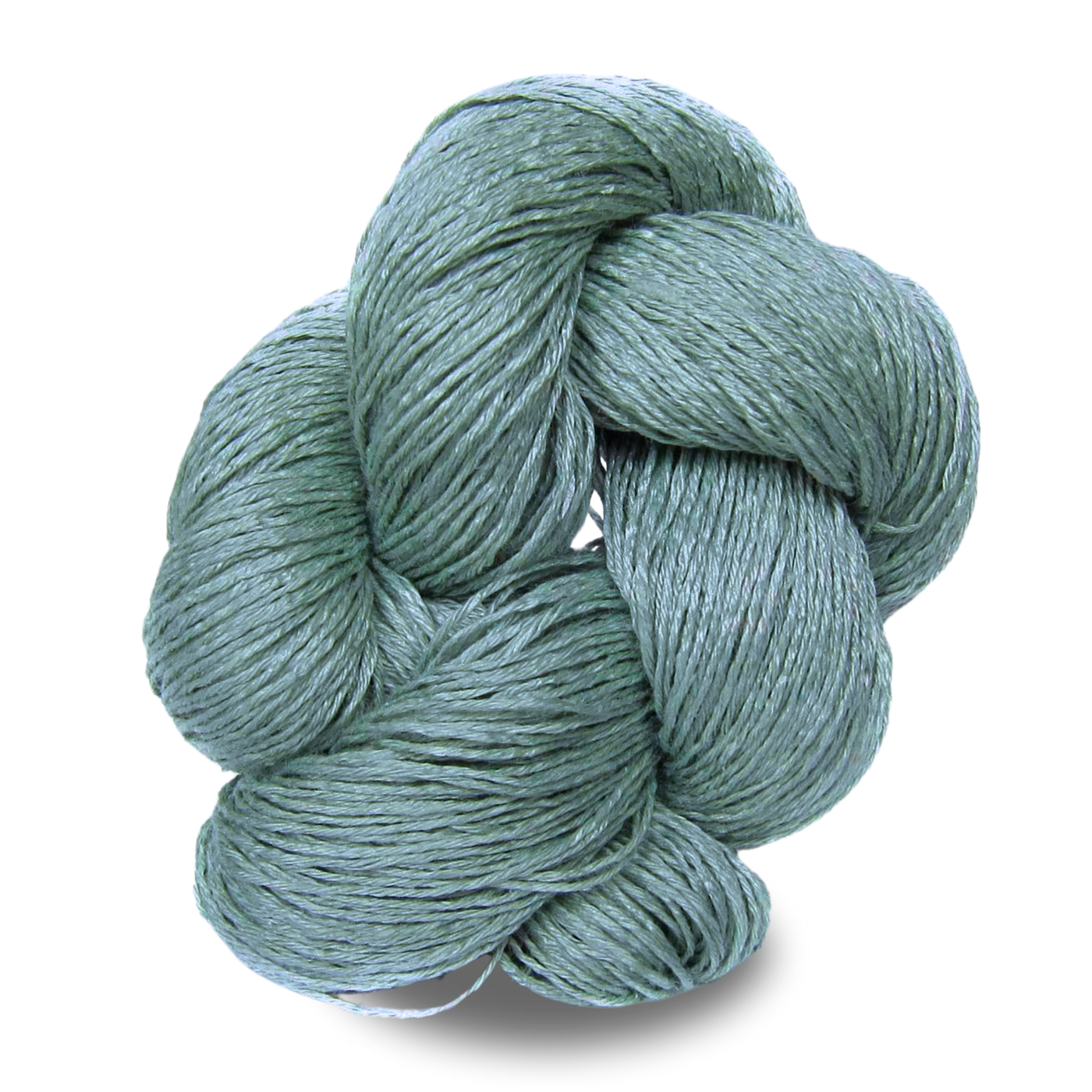 A soft pale aqua green 100g sport weight linen yarn skein with cool, breezy undertones for lightweight wearables.