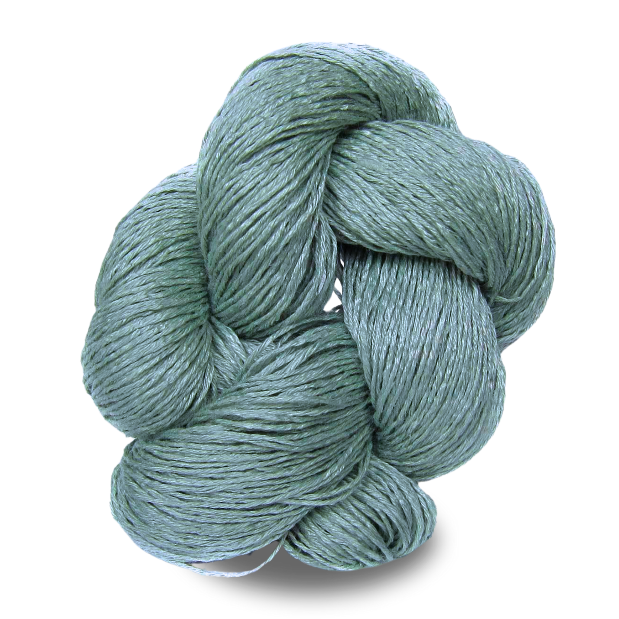 A soft pale aqua green 100g sport weight linen yarn skein with cool, breezy undertones for lightweight wearables.