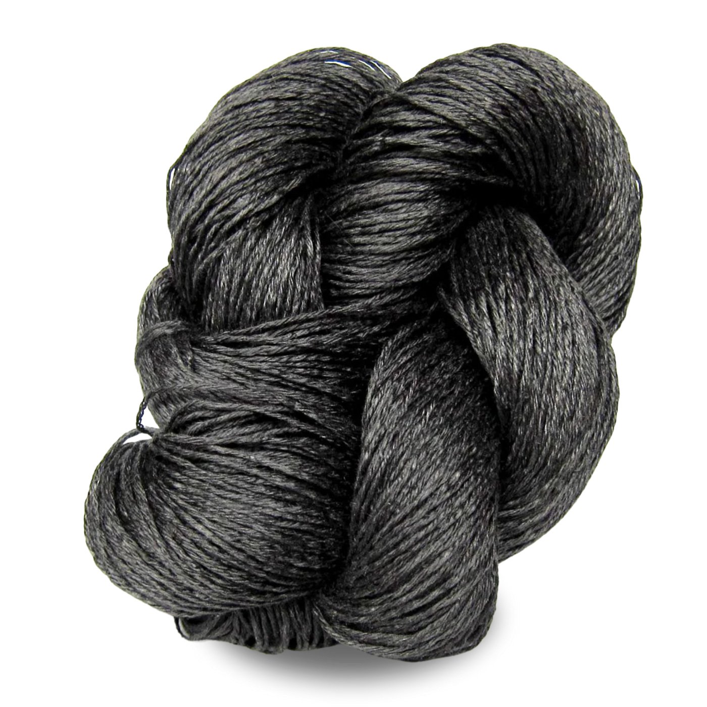 A dark charcoal grey 100g linen yarn skein with subtle variation, ideal for modern neutral projects.