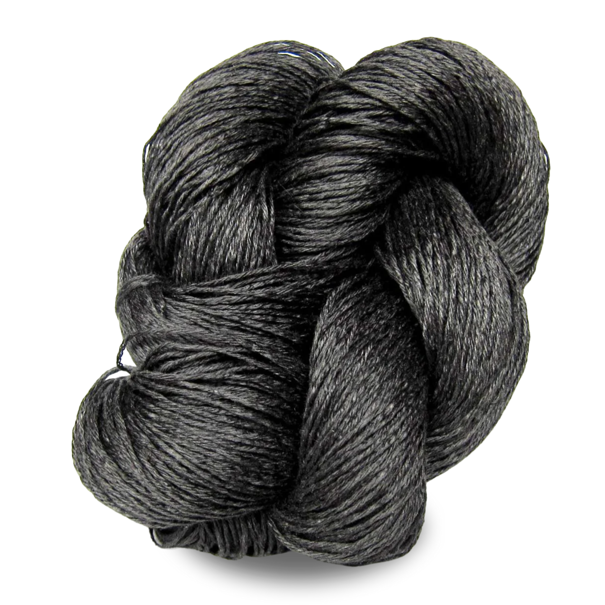 A dark charcoal grey 100g linen yarn skein with subtle variation, ideal for modern neutral projects.