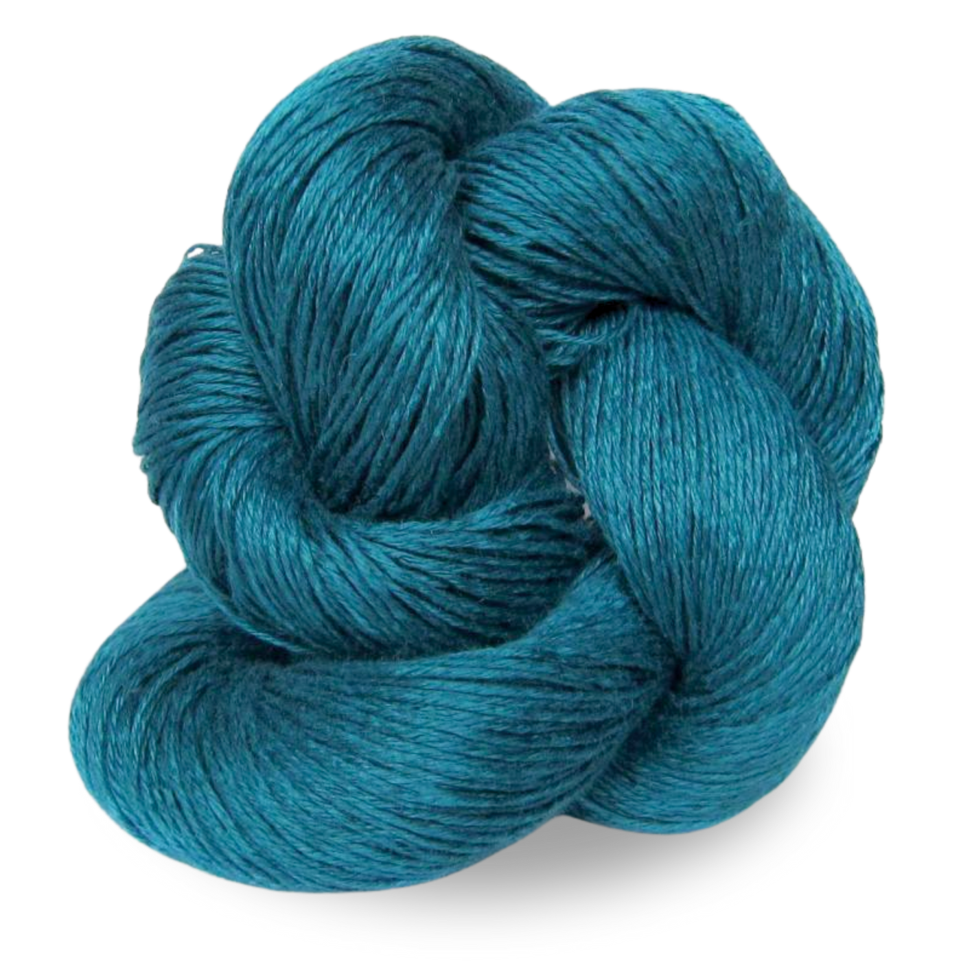 A rich blue-green teal linen yarn skein offering lush tonal depth for garments or home goods.