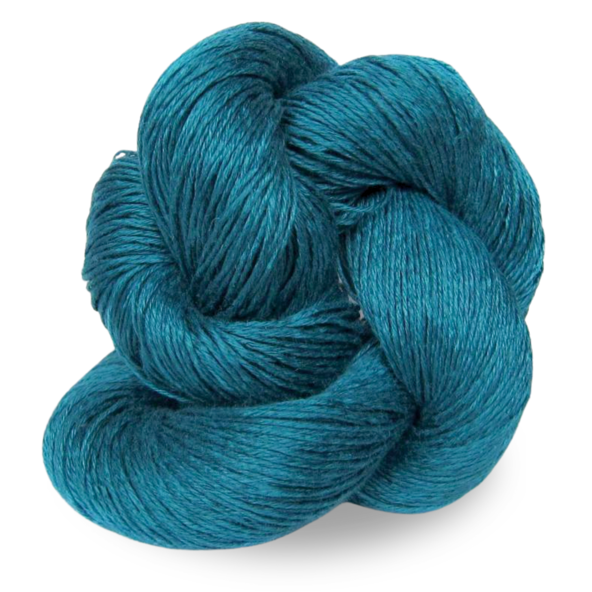 A rich blue-green teal linen yarn skein offering lush tonal depth for garments or home goods.