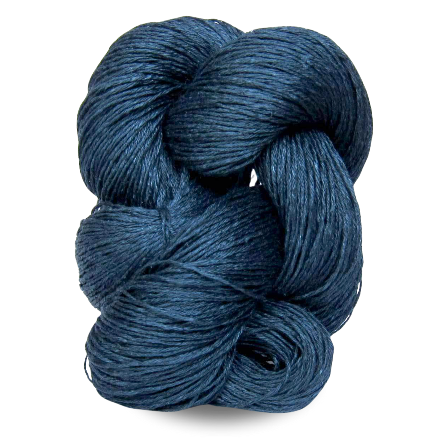 A deep oceanic navy blue Euroflax linen yarn skein with moody richness and subtle sheen.