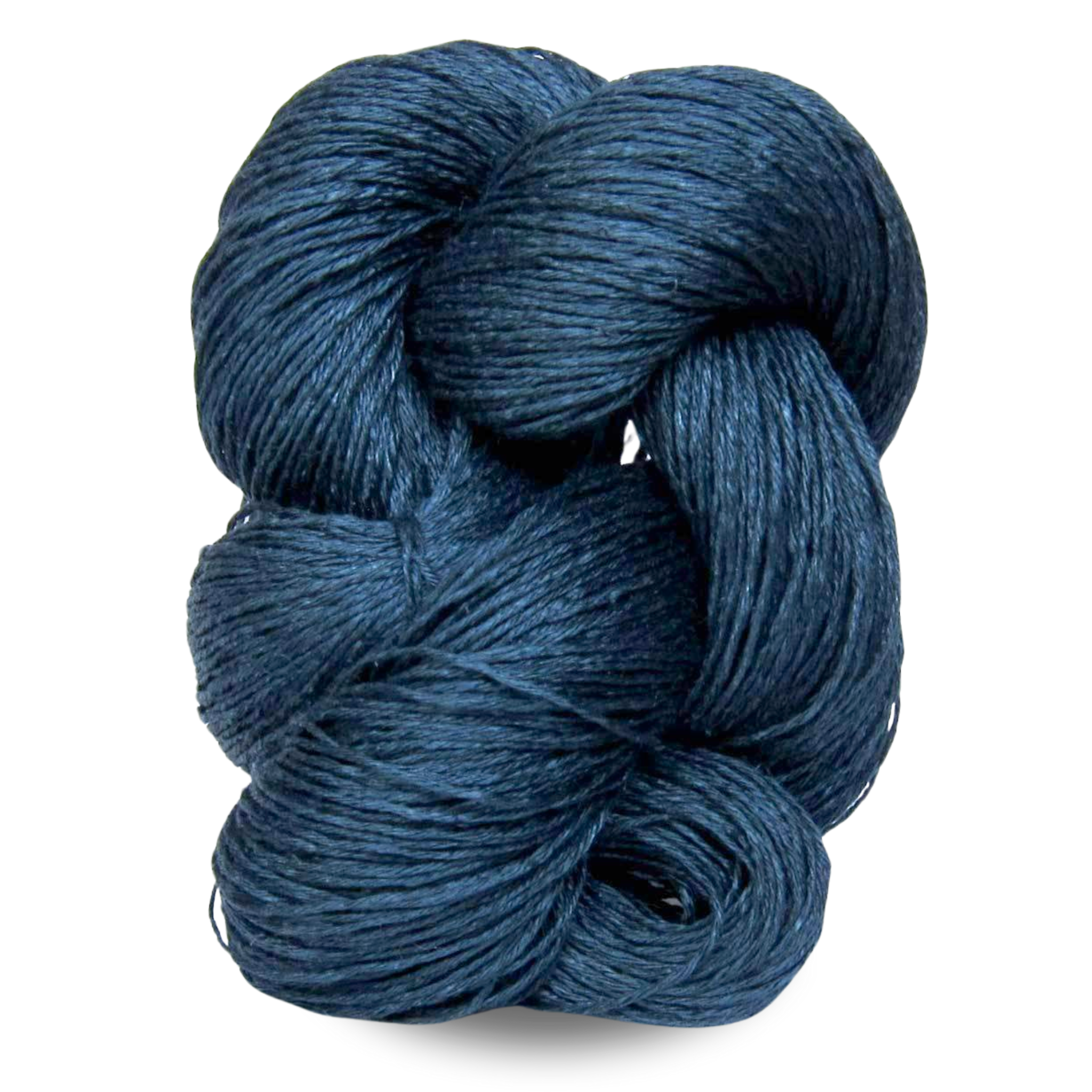 A deep oceanic navy blue Euroflax linen yarn skein with moody richness and subtle sheen.