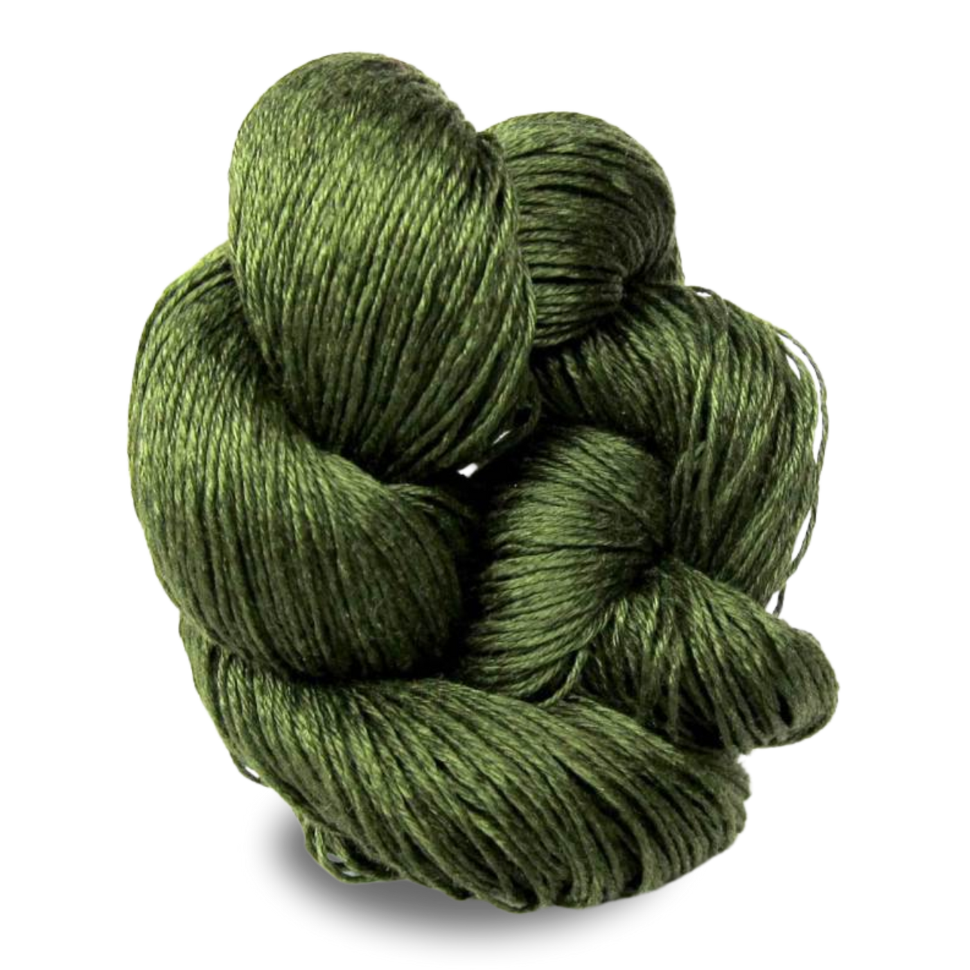 A deep olive green linen yarn skein with mossy depth, ideal for nature-inspired summer textiles.