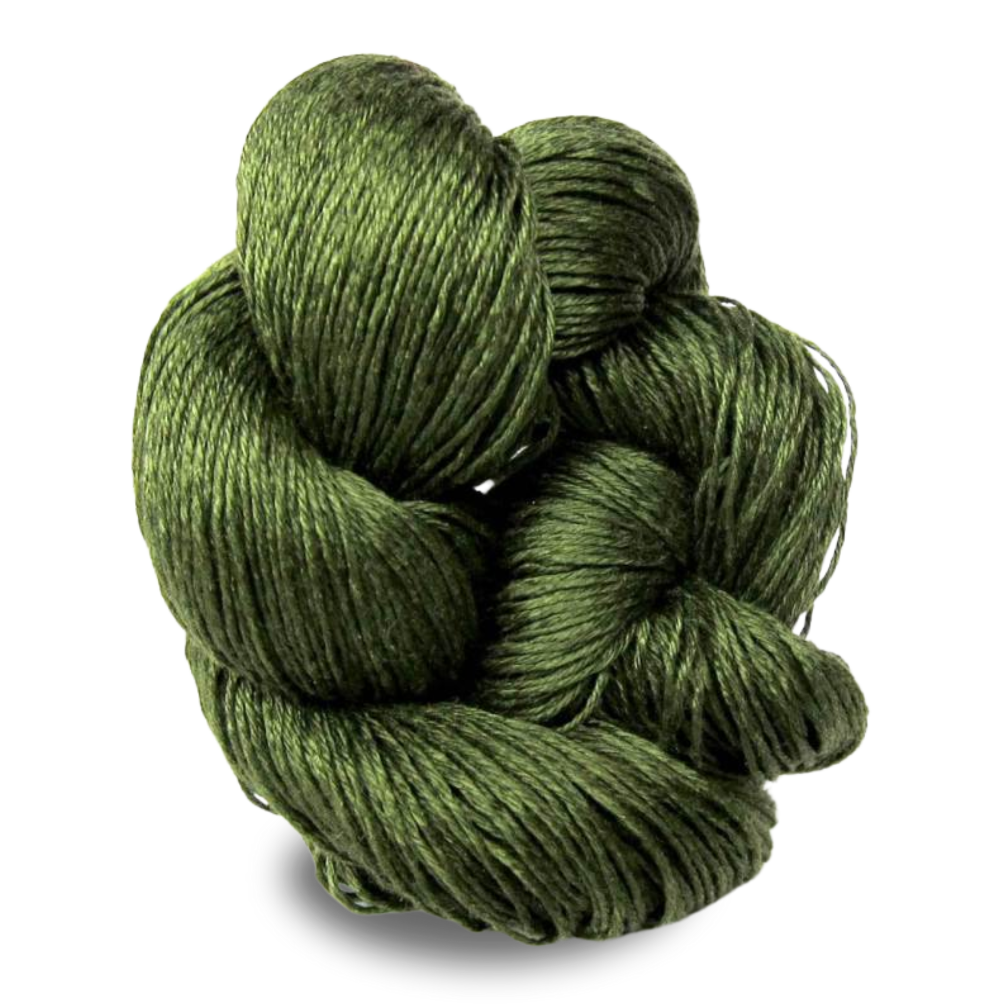 A deep olive green linen yarn skein with mossy depth, ideal for nature-inspired summer textiles.