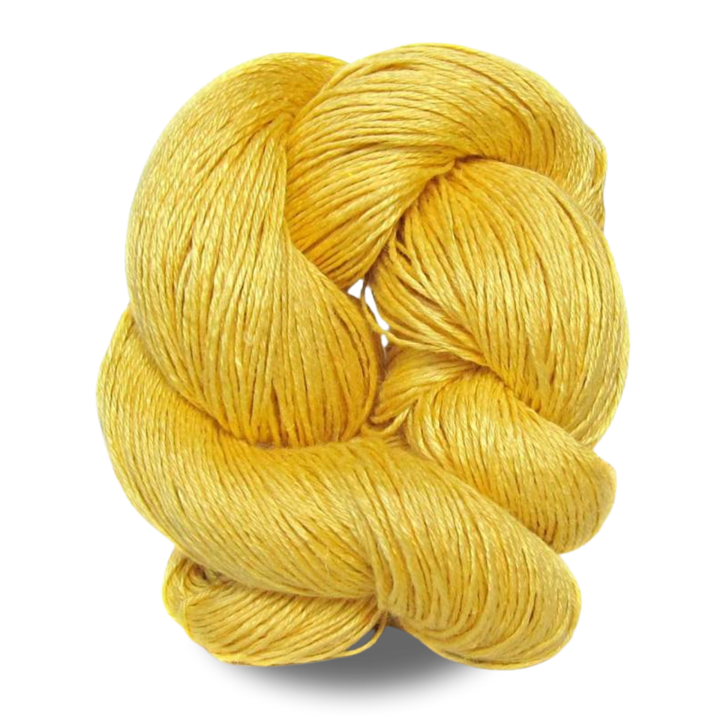A warm golden-yellow butternut sport weight linen yarn skein spun from long-line flax for earthy-toned pieces.
