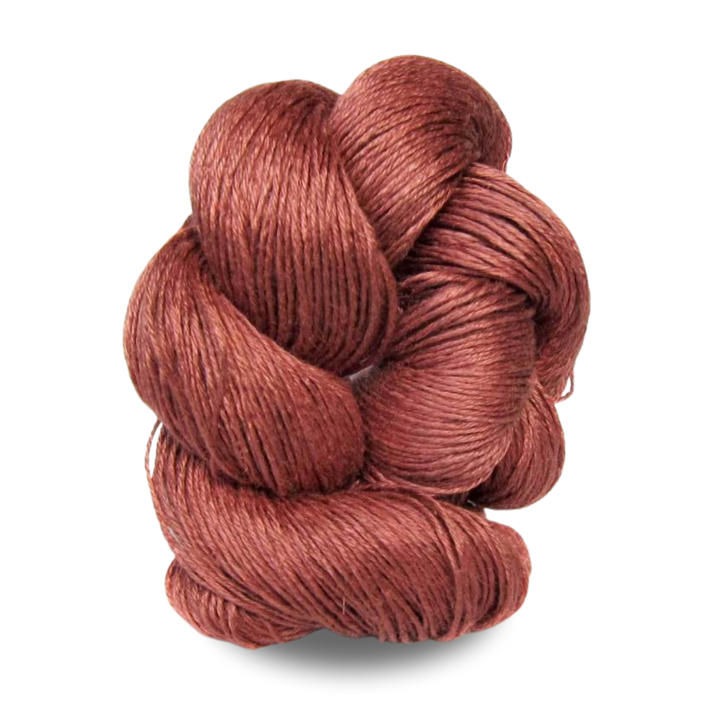 A rich, earthy brick red linen yarn skein, ideal for bold sport weight linen knitting and weaving projects.