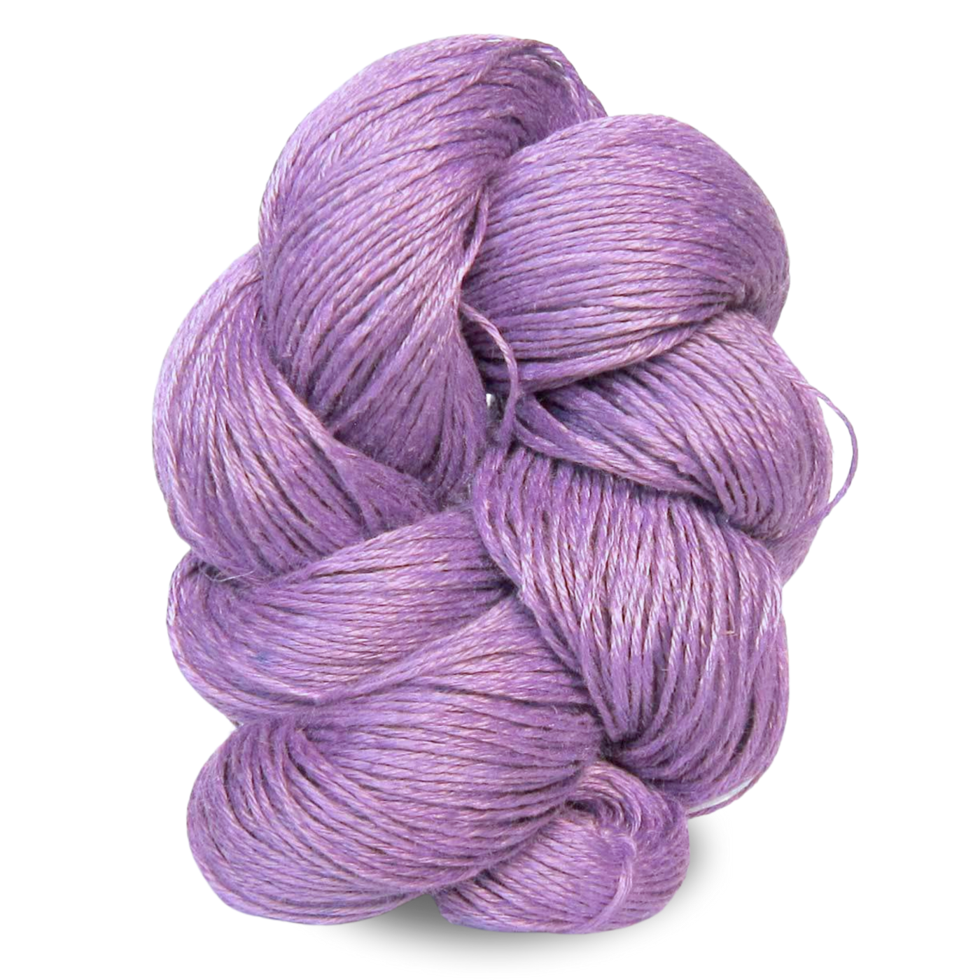 A gentle lavender purple 100g sport weight linen yarn skein with soft tonal variation and airy appeal.