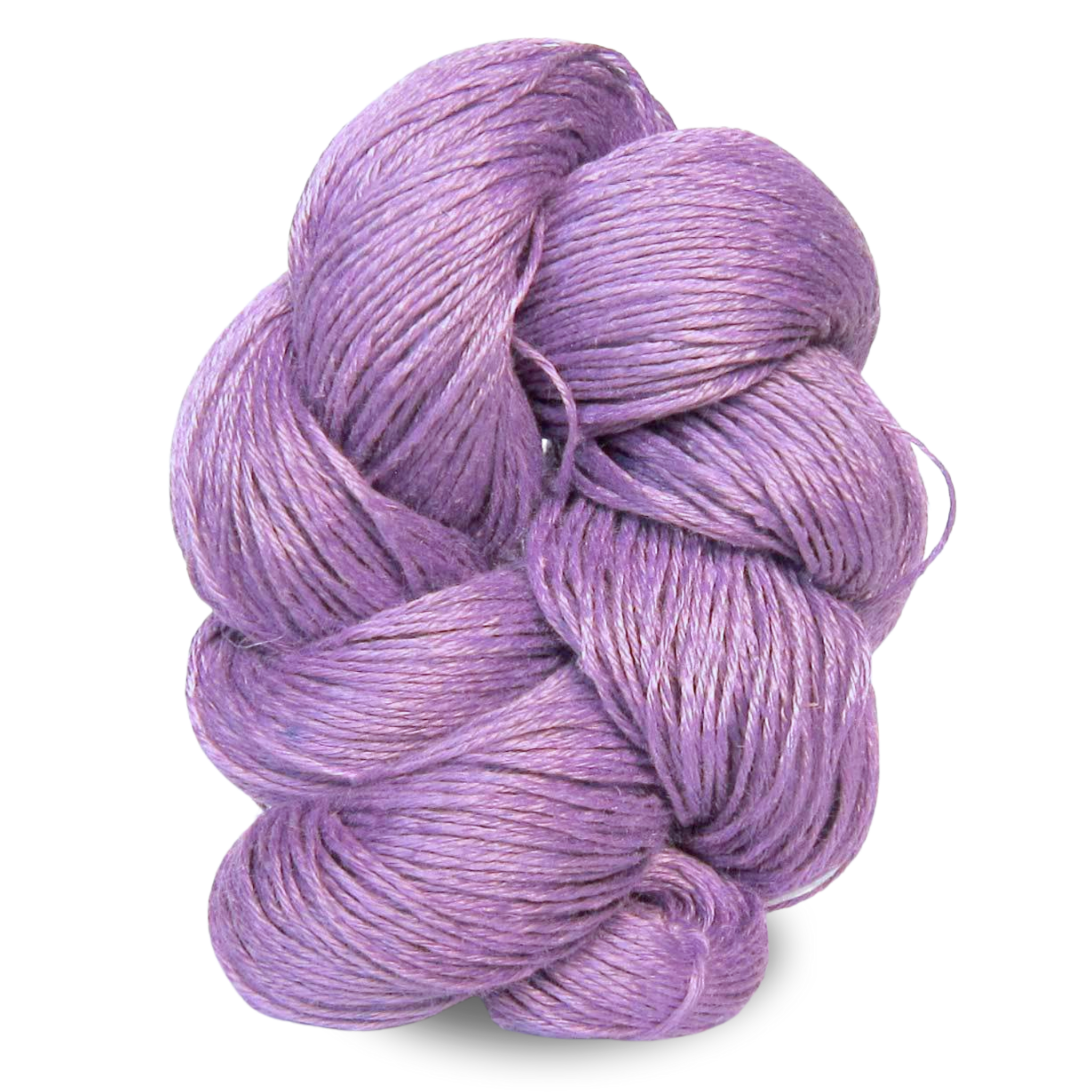 A gentle lavender purple 100g sport weight linen yarn skein with soft tonal variation and airy appeal.