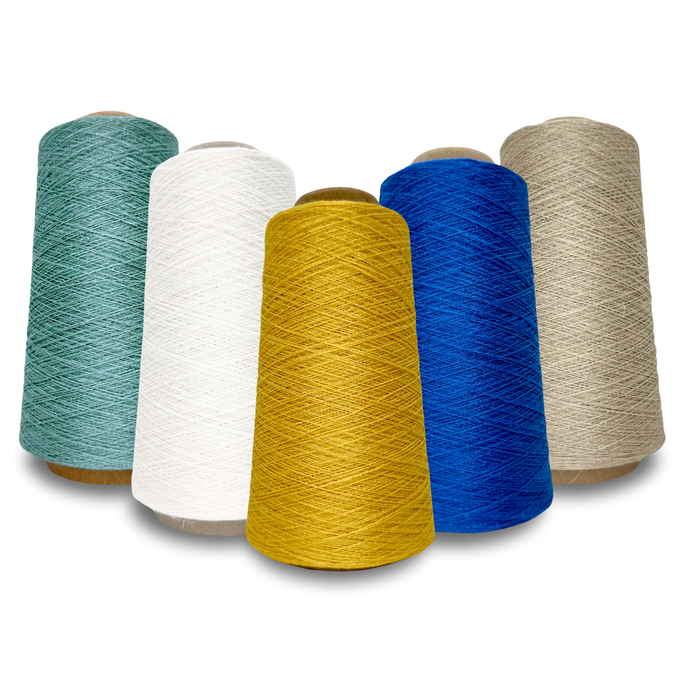 Euroflax 16/1 Linen Yarn – 4 oz Cones in Aqua, Bleached, Buttercup, Cobalt, and Natural. Sport-weight flax yarn perfect for weaving, knitting, and lace projects.