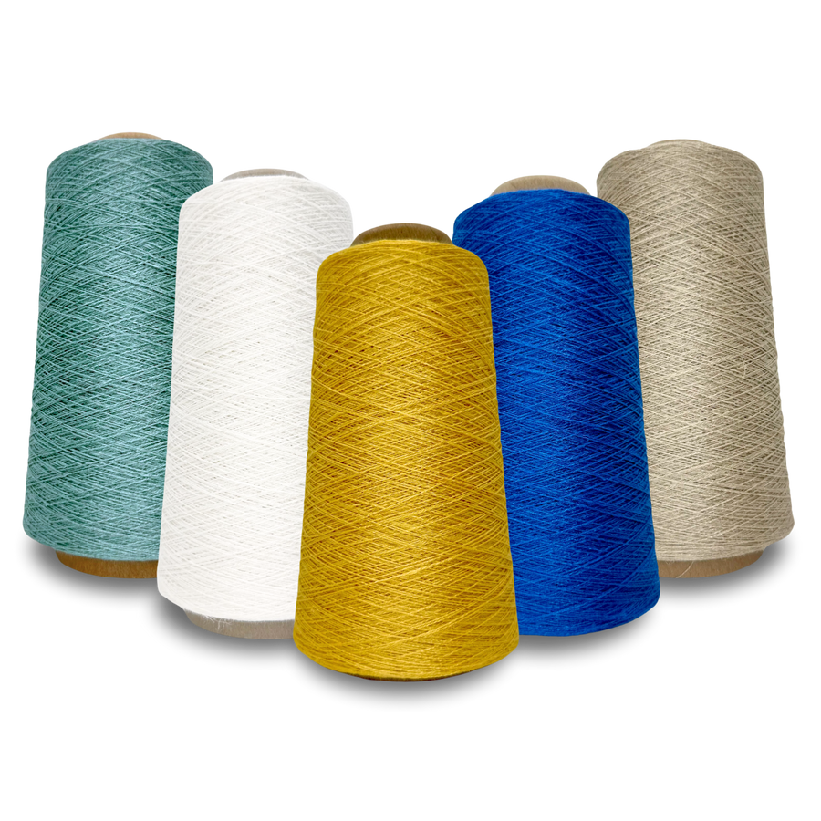 Euroflax 16/1 Linen Yarn – 4 oz Cones in Aqua, Bleached, Buttercup, Cobalt, and Natural. Sport-weight flax yarn perfect for weaving, knitting, and lace projects.