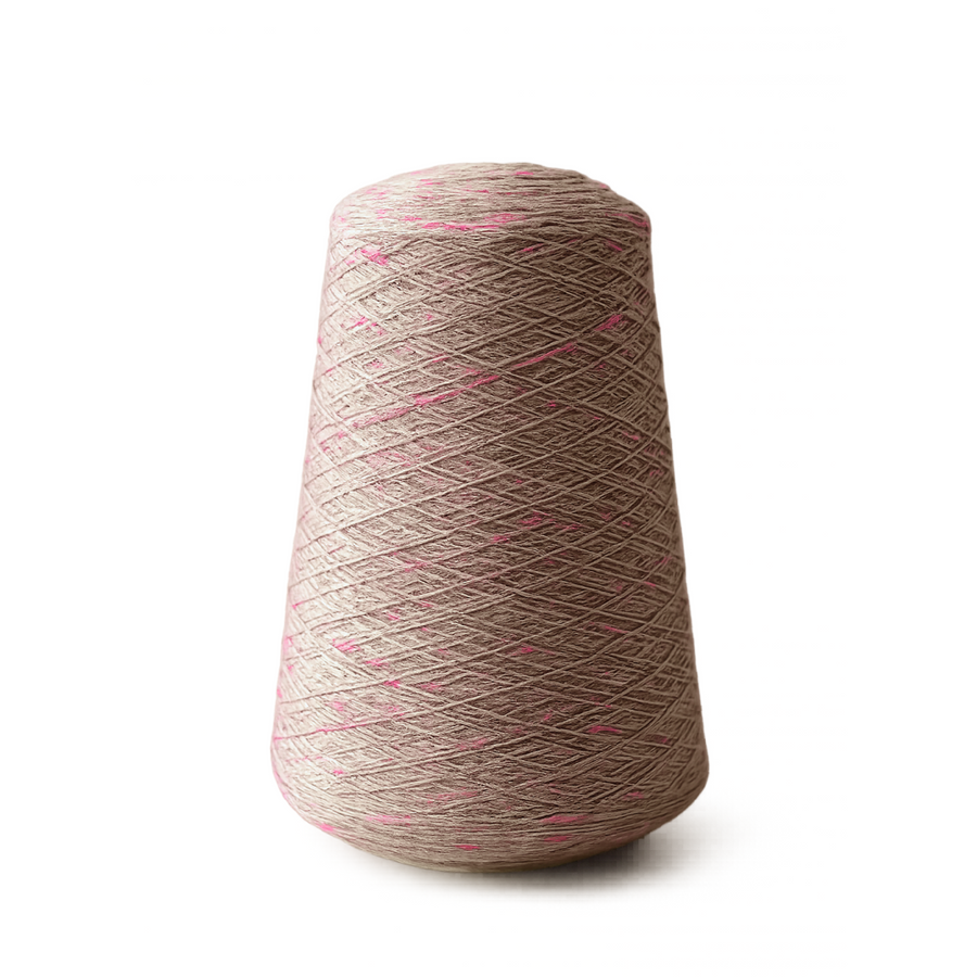 a multicolor cone of euroflax 16/1 lace weight linen yarn in a natural flax color with pops of pink.