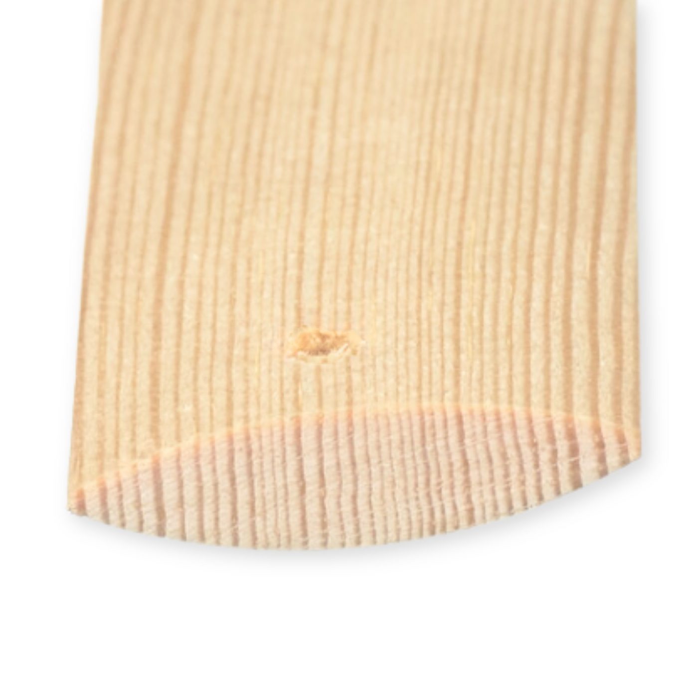 Close-up of a Glimakra Lease Stick showing its smooth pine wood construction, tapered end, and pre-drilled hole for securing warp threads. Designed for maintaining warp thread order and preventing tangles during the weaving process.