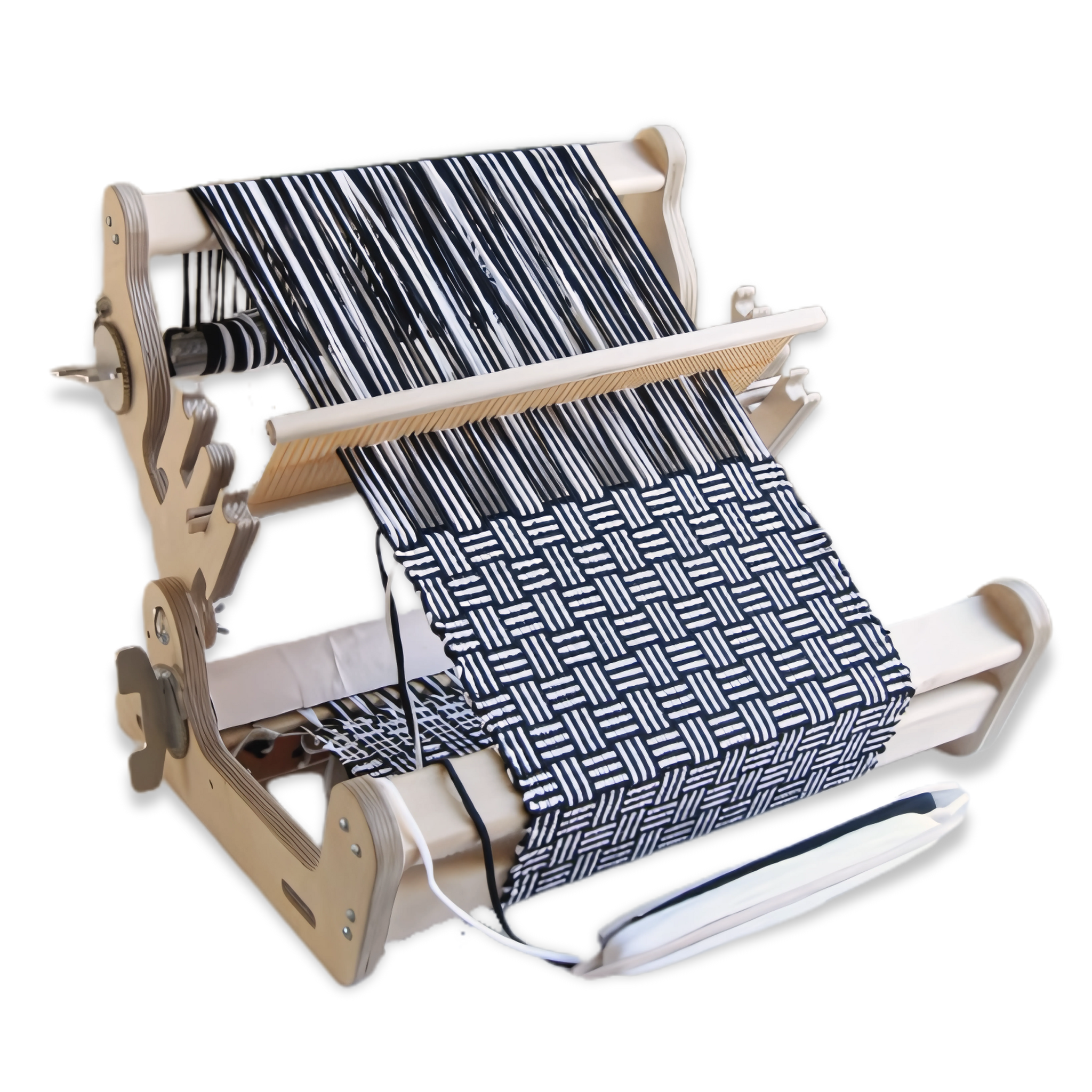 Glimakra Siru Rigid Heddle Loom demonstrating double-heddle weaving with a black and white patterned fabric. This versatile loom supports two heddles for advanced weaving techniques, providing ergonomic comfort, precise tension control, and a smooth weaving experience for beginners and experts alike.