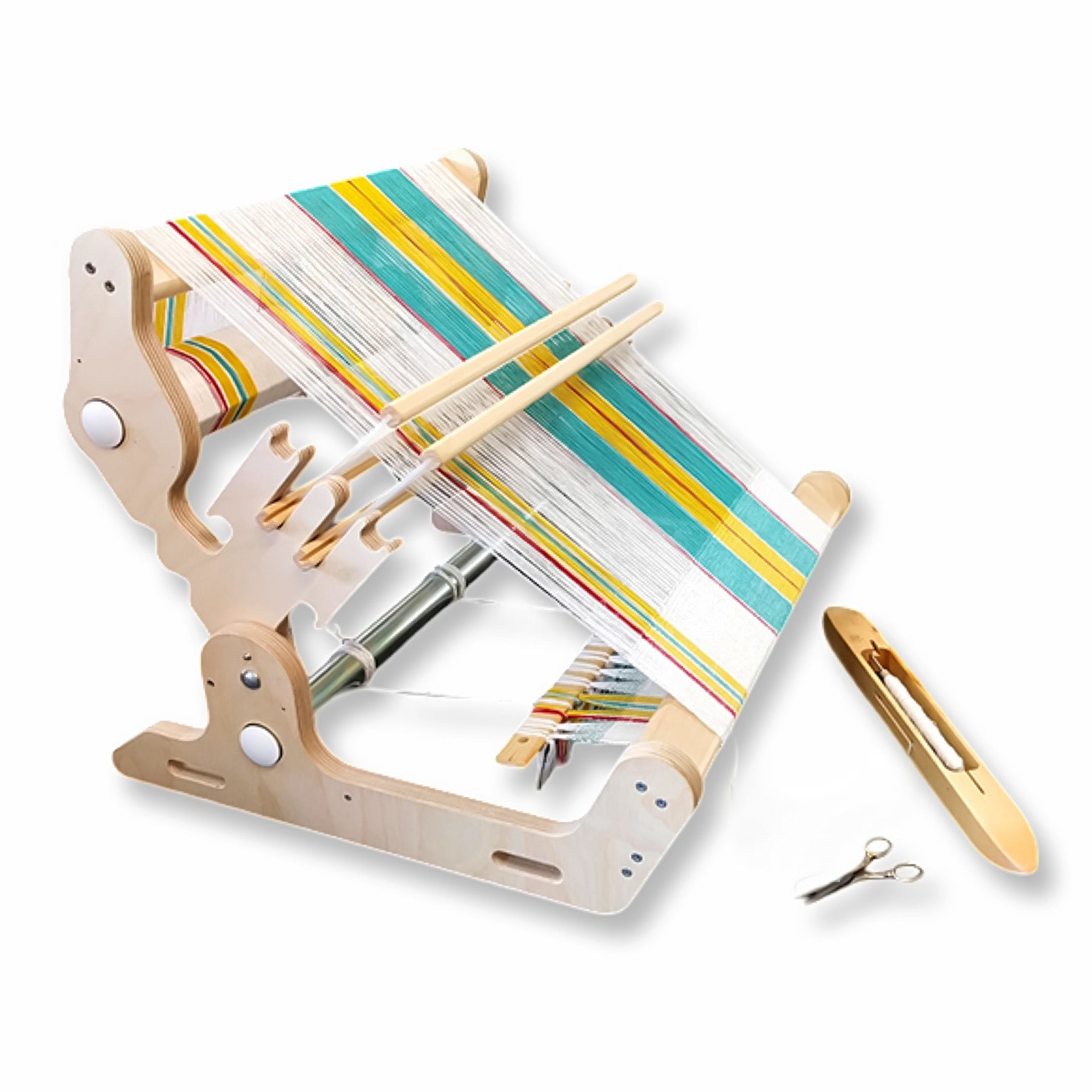 Glimakra Siru Rigid Heddle Loom with colorful warp, showcasing its ergonomic adjustable design, built-in double-heddle support, and folding portability for easy travel and storage. Ideal for tabletop weaving and comfortable long weaving sessions.