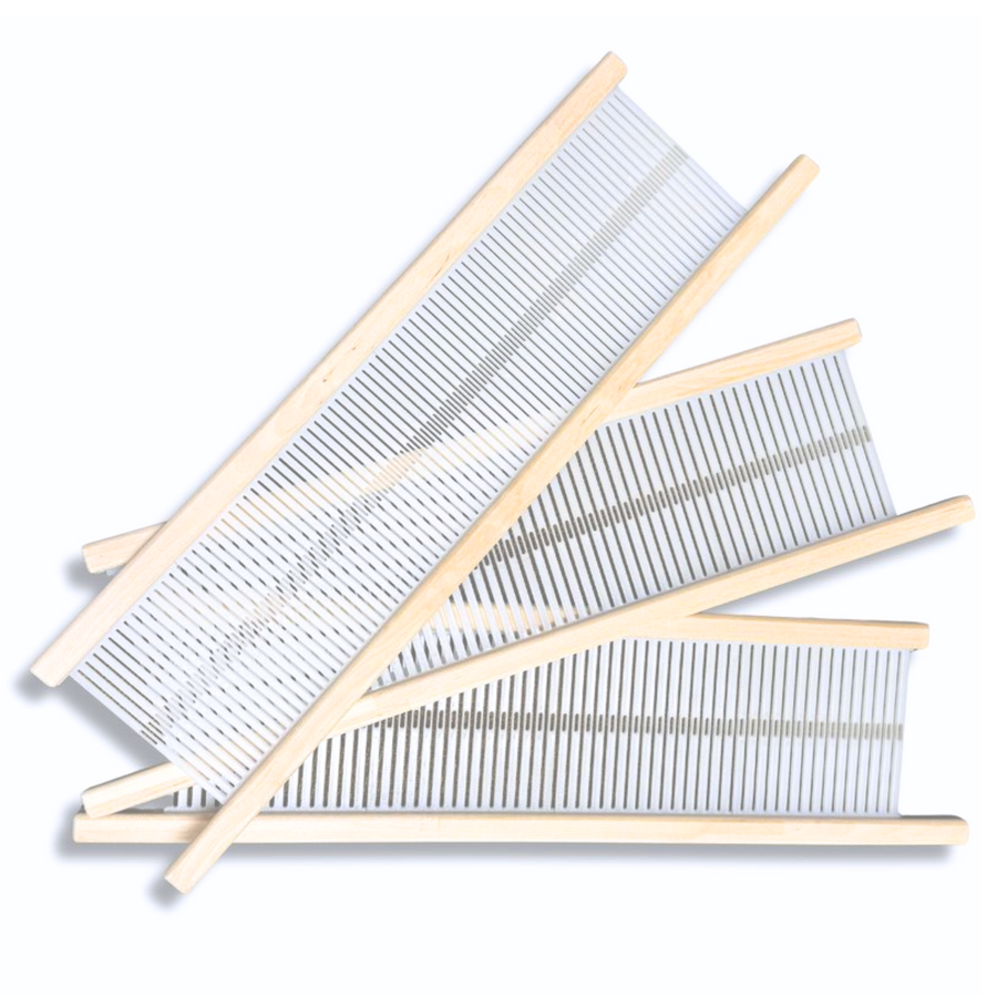 Set of 8,10, and 12 dent Glimakra Siru Rigid Heddle Loom heddles in various dent sizes, featuring high-quality wood frames and durable plastic teeth for precise weaving control. Perfect for expanding weaving possibilities with the Glimakra Siru Loom.