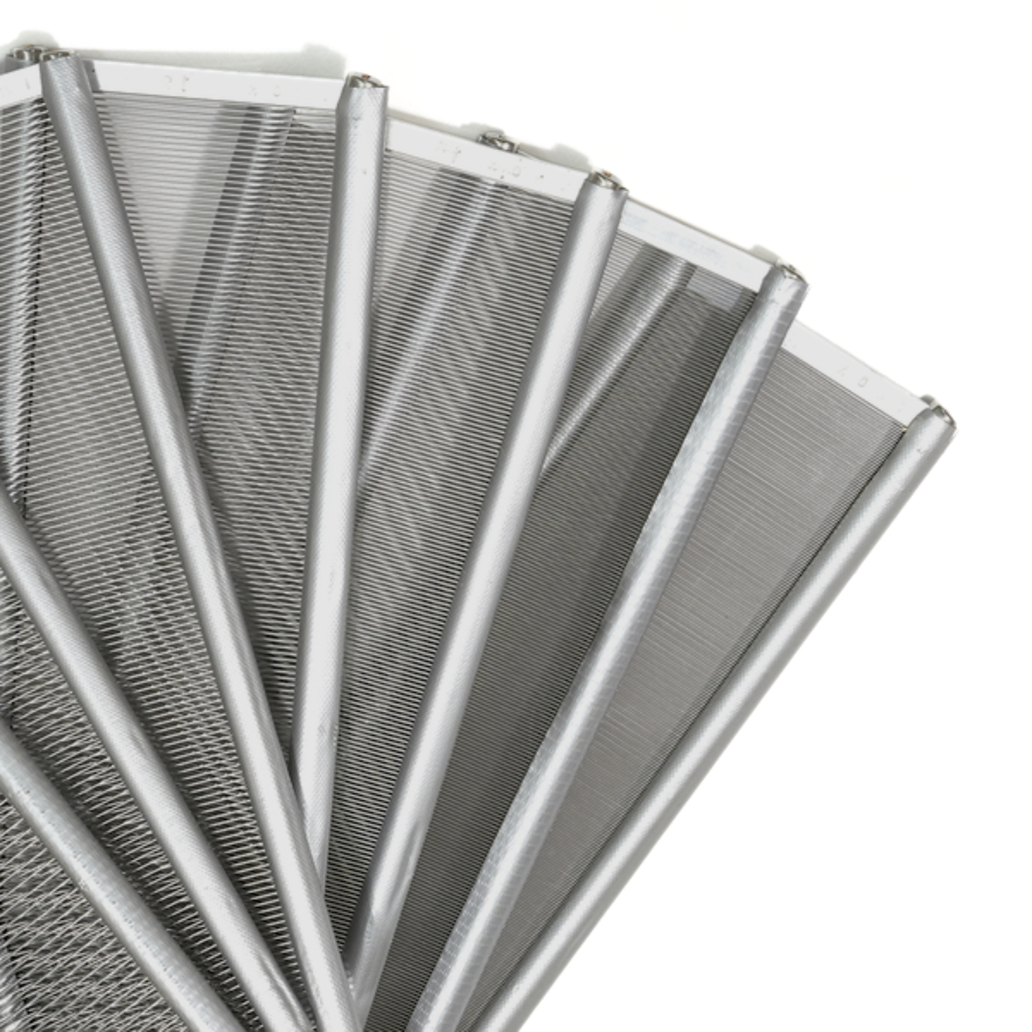 A fanned-out selection of Glimakra stainless steel weaving reeds, displaying various dent sizes for precise warp spacing and high-quality weaving results.