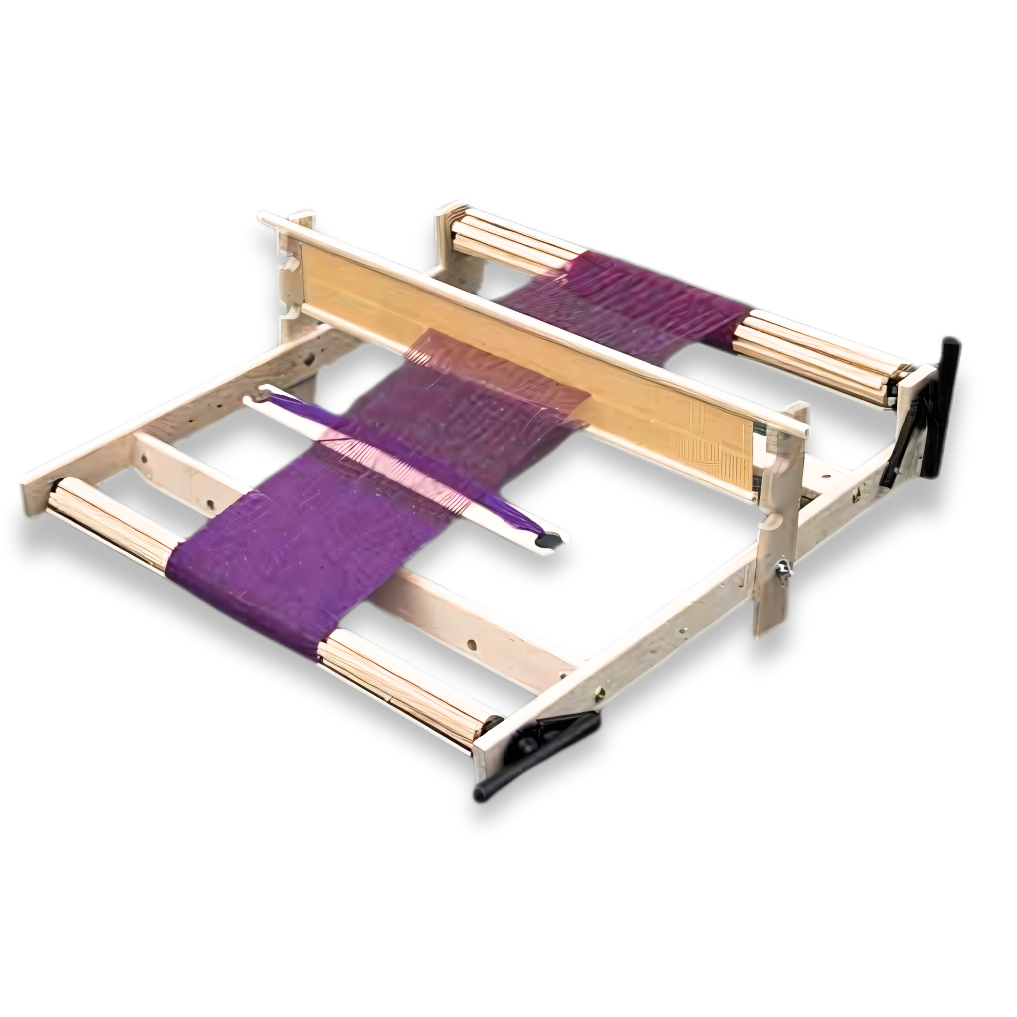 Glimakra Susanna Rigid Heddle Loom in action – 27-inch Swedish weaving loom with sturdy birch frame, metal ratchet tension system, and purple woven fabric in progress.