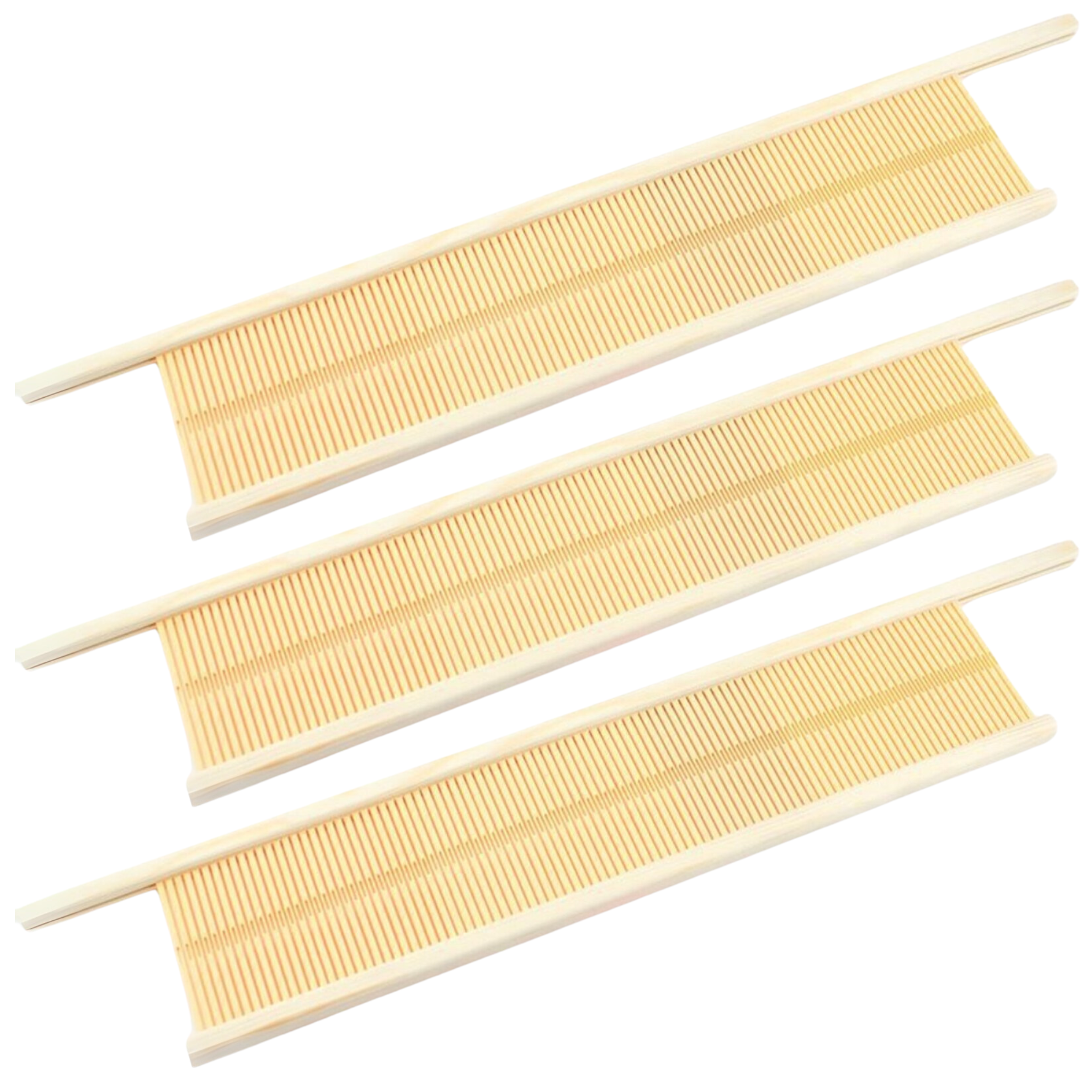 Set of three Glimakra Susanna Rigid Heddle Reeds in 8, 10, and 12 dent sizes. High-quality wooden weaving reeds designed for precision tension and smooth shuttle passage. Compatible with the Glimakra Susanna Loom, perfect for adjusting sett density for various yarn weights and weaving projects.