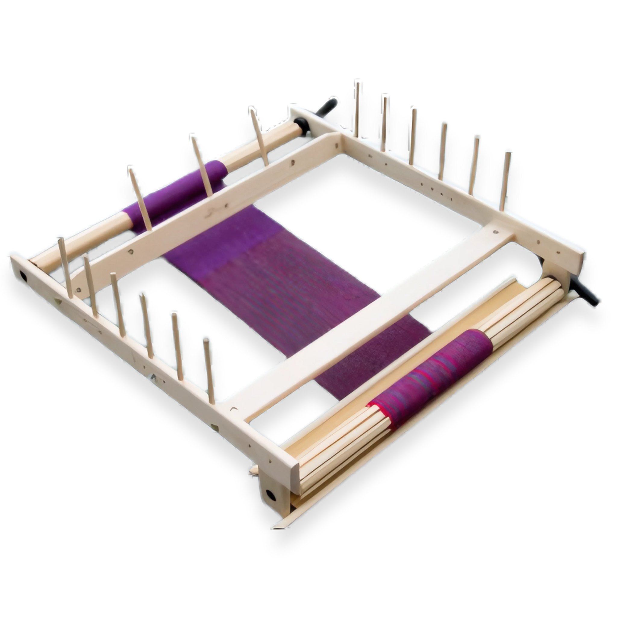 Glimakra Susanna Rigid Heddle Loom flipped for warping – versatile 27-inch Swedish loom with integrated warping board and pegs, shown with purple warp threads in progress.