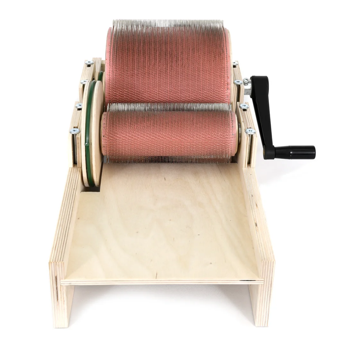 Golden Fleece 120 TPI drum carder viewed from the feed tray toward the licker-in and main drum.